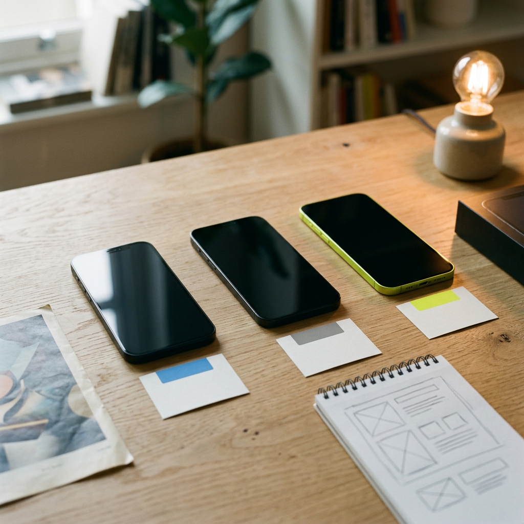 Three smartphone mockups laid side by side on a light wood desk, each screen turned face-down or dark, with a small printed card in front of each showing a different colored tab (cool blue, neutral gray, warm lime) suggesting cold, warm, and hot audience stages