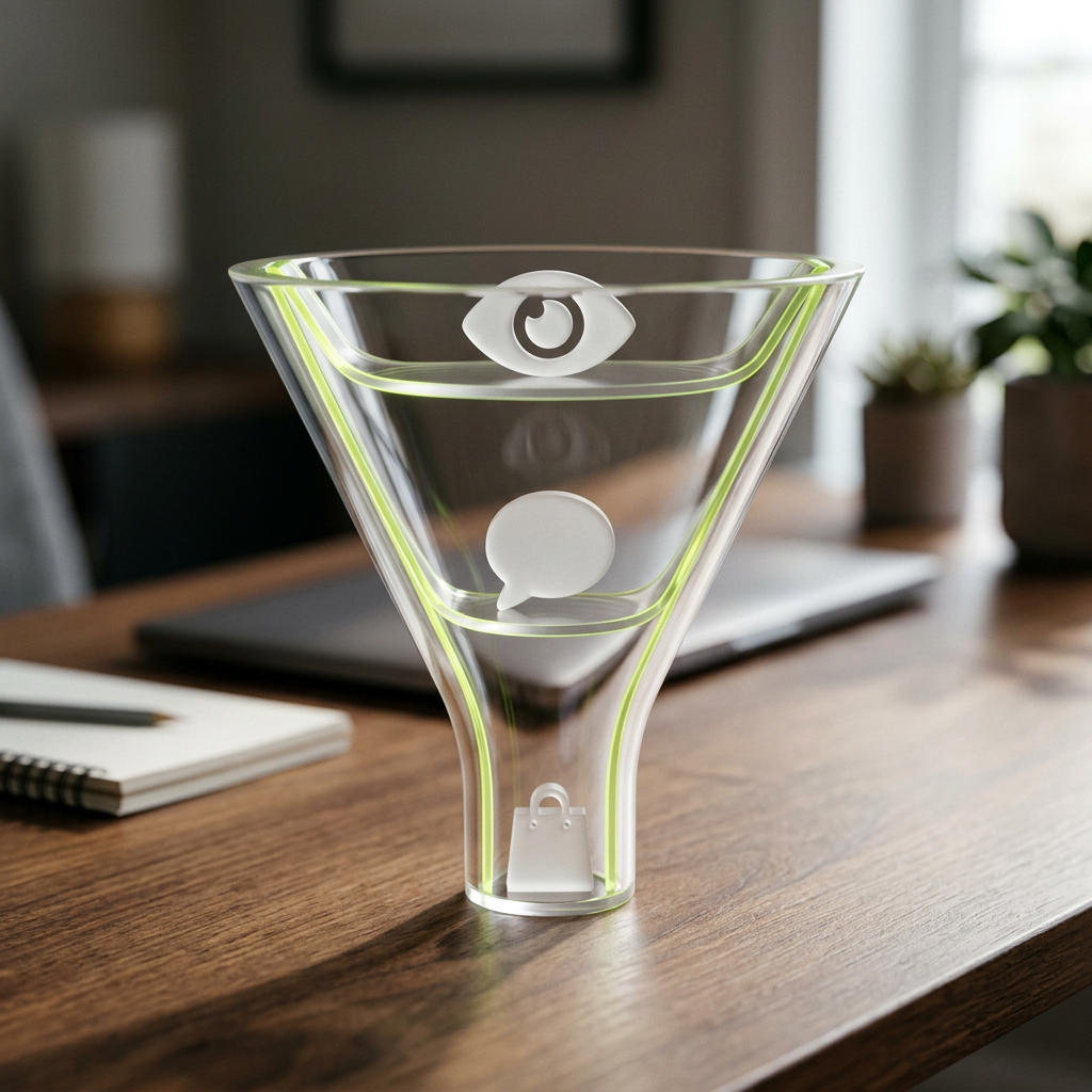 A physical funnel-shaped acrylic sculpture or 3D printed model sitting on a desk, with three small icon tokens (an eye shape, a chat bubble shape, a shopping bag shape) placed at its wide, middle, and narrow sections respectively