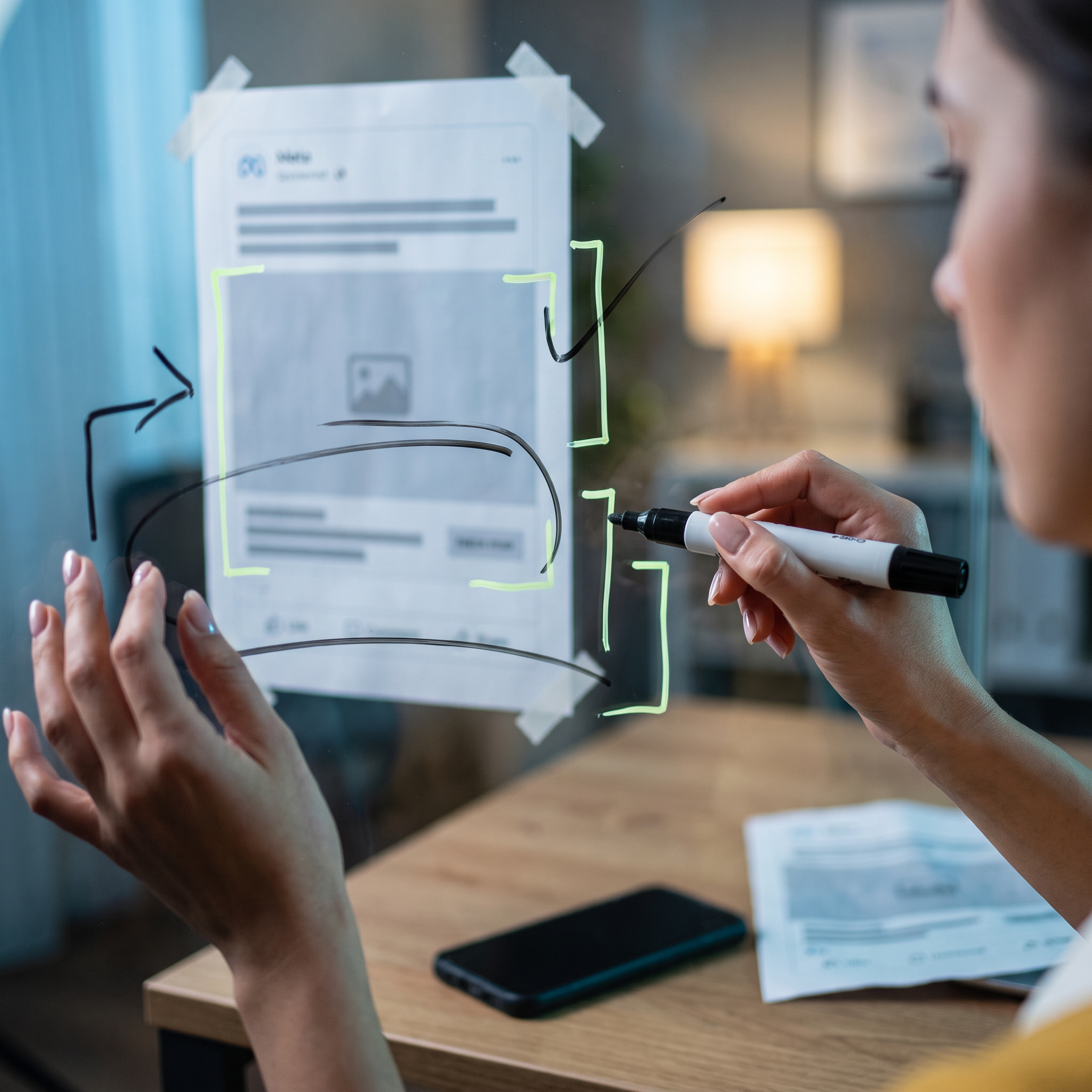 A copywriter's hands annotating a printed Meta ad mockup taped to a glass panel, marking up the headline and body copy with a dry-erase marker while a smartphone lies face-down nearby showing the same ad concept printed on paper beside it
