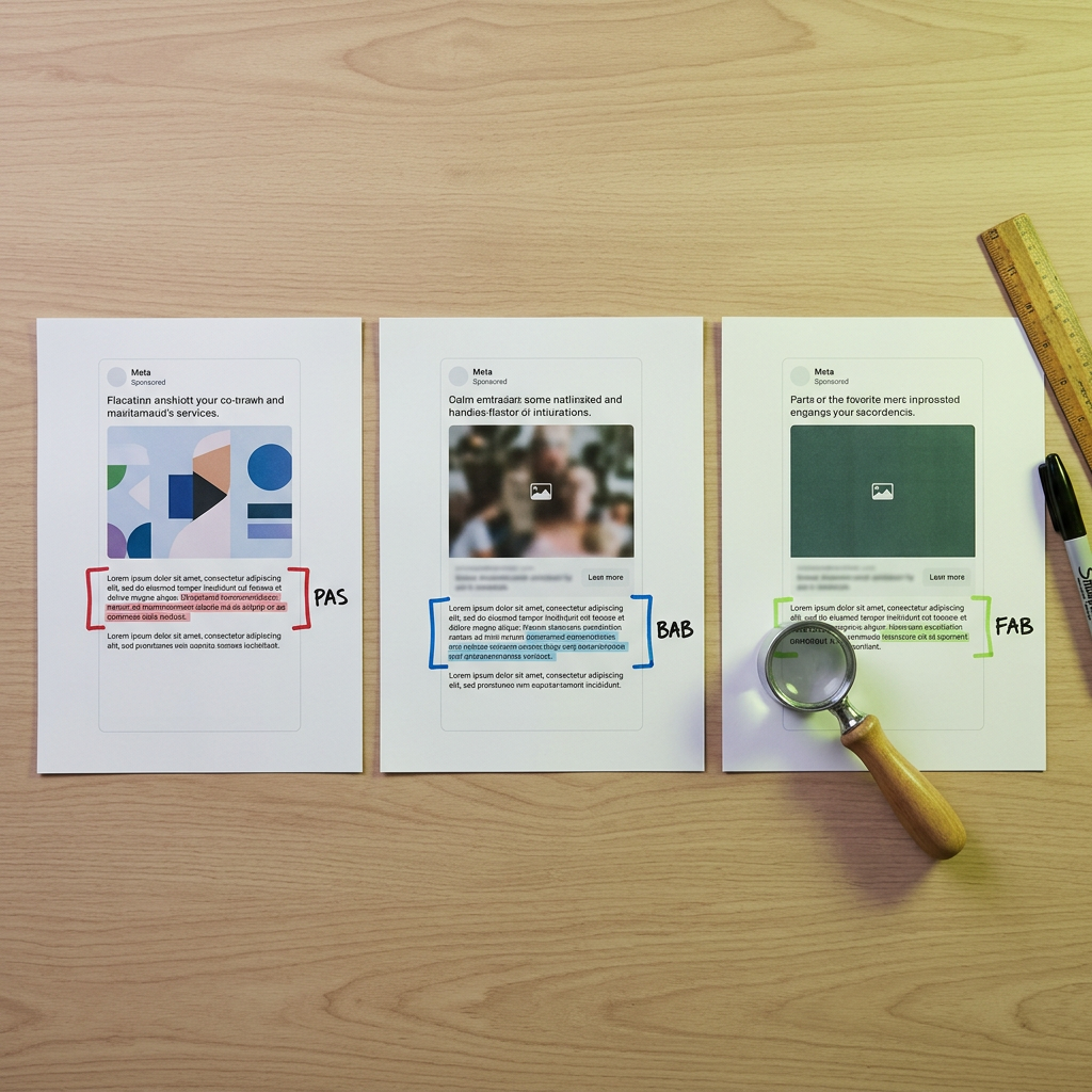 Three printed Meta ad mockups laid side by side on a studio table, each with a different colored bracket drawn in marker around a highlighted section of body copy, small handwritten labels near each bracket