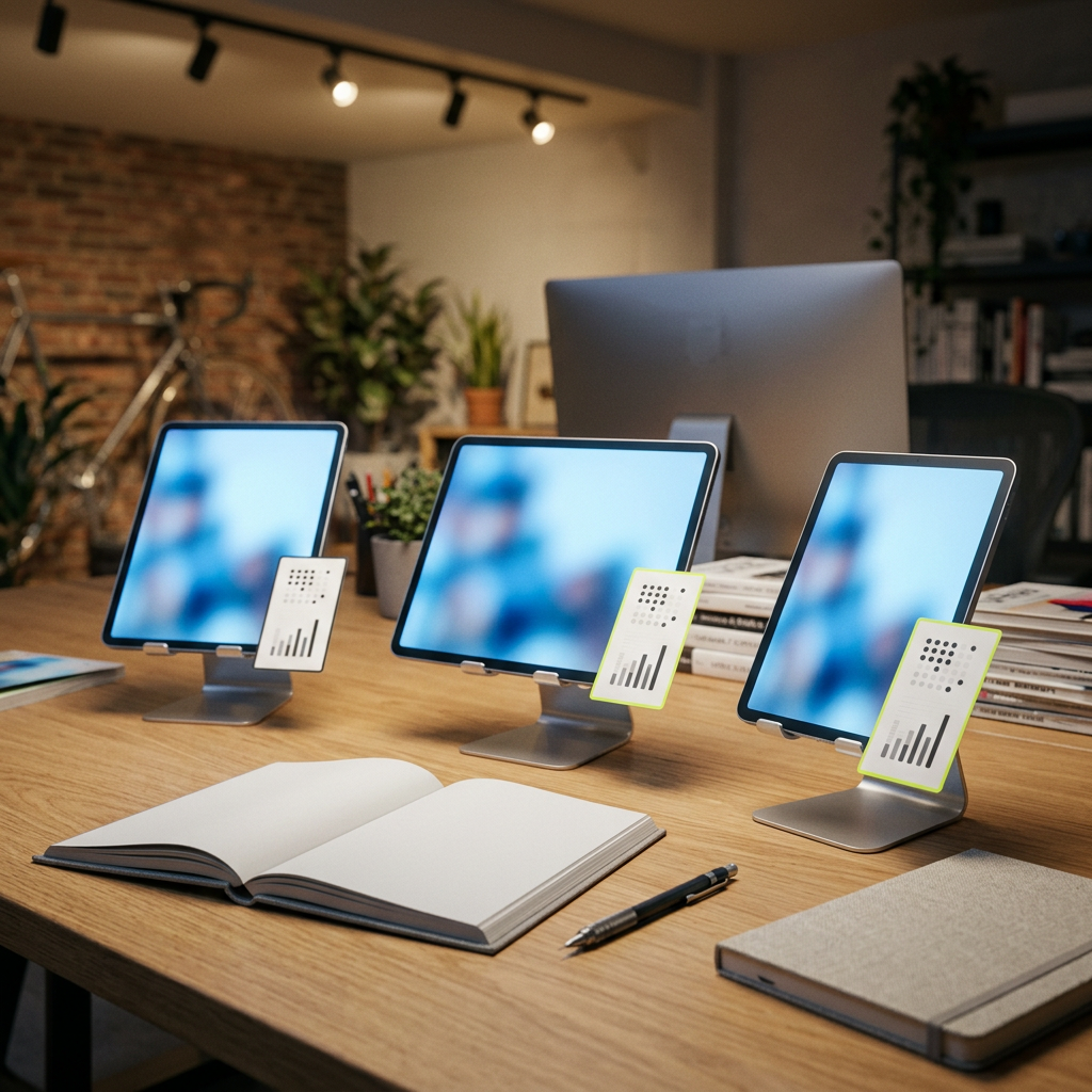 A design studio desk setup with three tablet devices propped on stands, each showing a different ad variant turned away from camera, with small printed performance indicator cards (abstract bars and dots, no numbers) placed beside each device