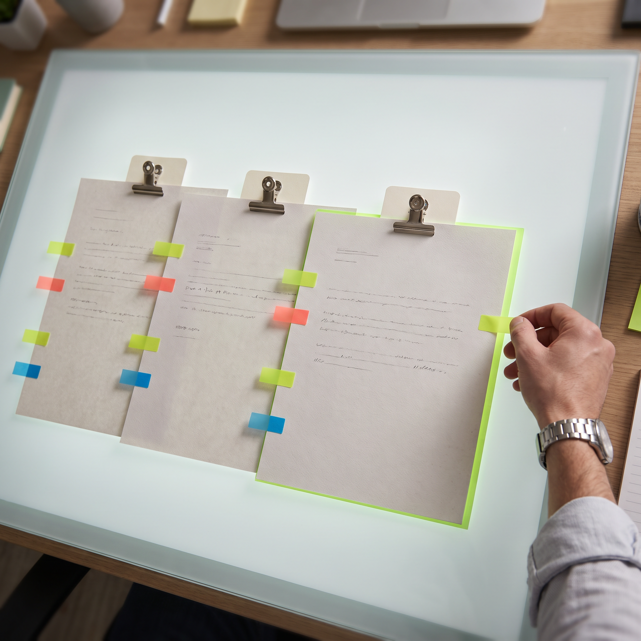 Three printed ad copy drafts laid side by side on a studio light table, each sheet clipped to a small index card tab, with a creative director's hand placing color-coded sticky tabs (lime, coral, blue) along the margins to mark different copywriting structures