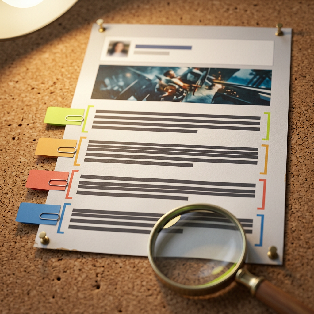 A single printed Facebook ad mockup pinned to a corkboard, with four small colored paper tabs (lime, amber, coral, blue) clipped beside four distinct paragraphs of copy, a magnifying glass resting near the bottom paragraph