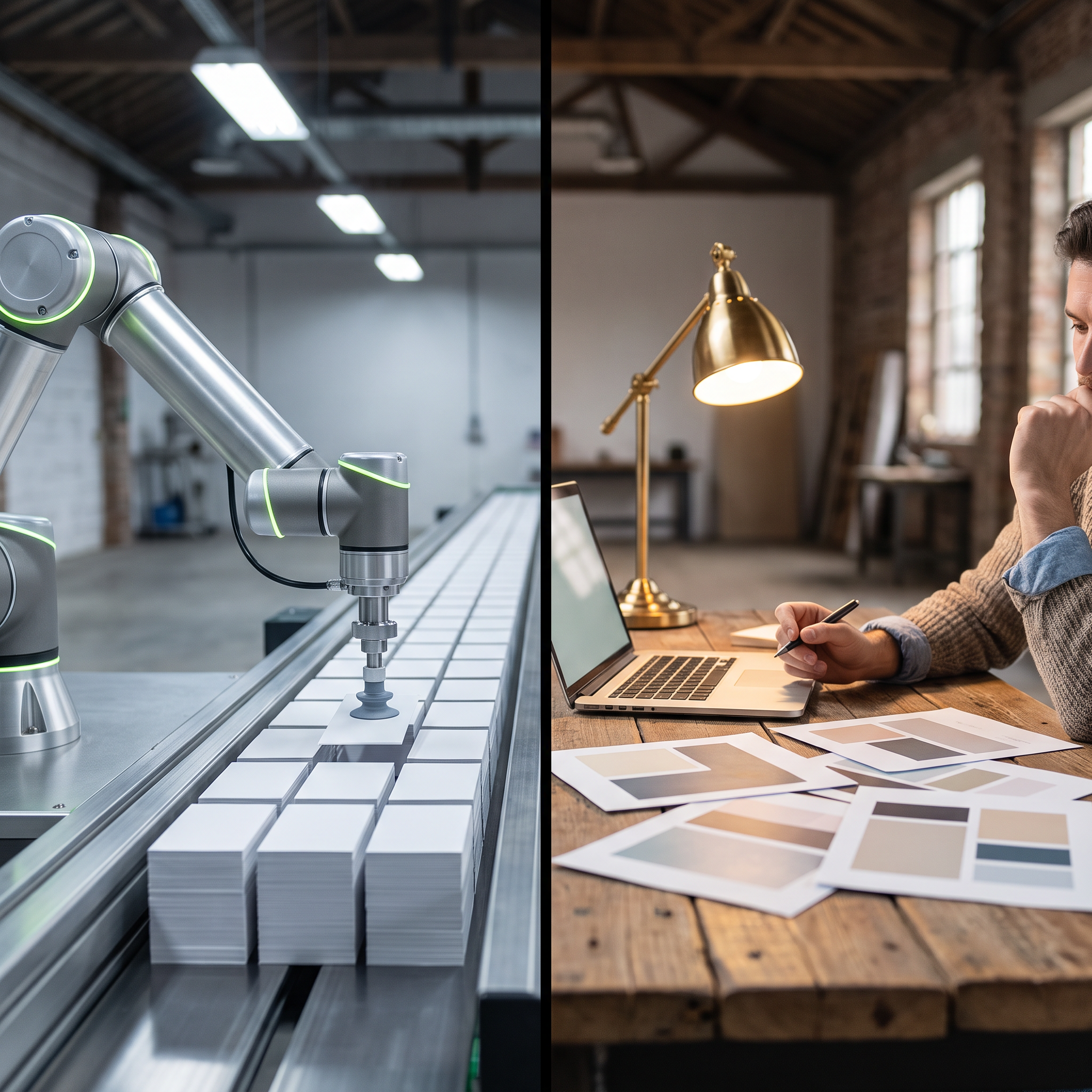 A split studio scene: on the left, a mechanical arm assembly line stacks identical product ad cards in a precise grid on a conveyor track; on the right, a marketer sits at a wooden desk reviewing printed creative variants spread out, pen in hand, laptop turned away with its screen glowing faintly off-frame