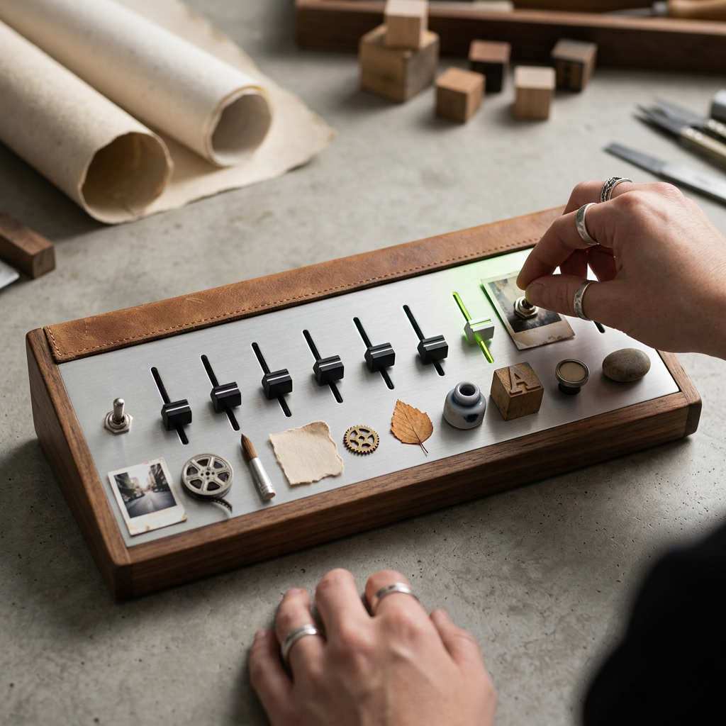 Close-up of a marketer's hands adjusting a physical control panel prop styled like a mixing board, with unlabeled toggle switches and sliders in a row, each switch paired with a small icon-like object (a photo print, a video reel, a paintbrush, a text scrap) instead of readable text