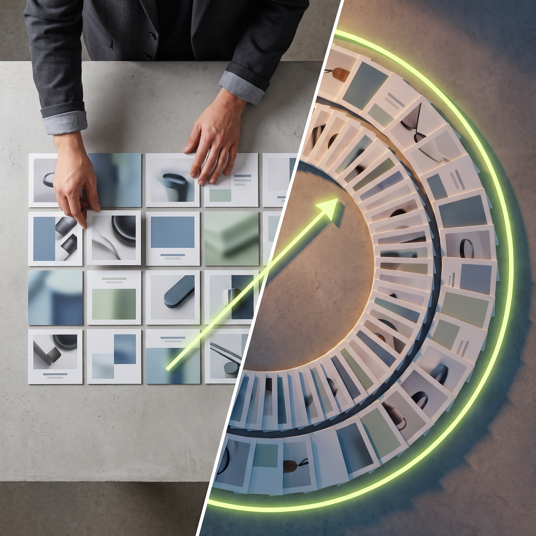 A creative director's hands arranging small printed ad creative tiles (product shots, headlines rendered as abstract shape placeholders, color blocks) into an ordered grid on the left side of a studio desk, while on the right side identical tiles appear fanned out into a wider cascading arc, overlapping and multiplying as if sorted by an unseen system, with a soft electric-lime edge light tracing the boundary between the two halves
