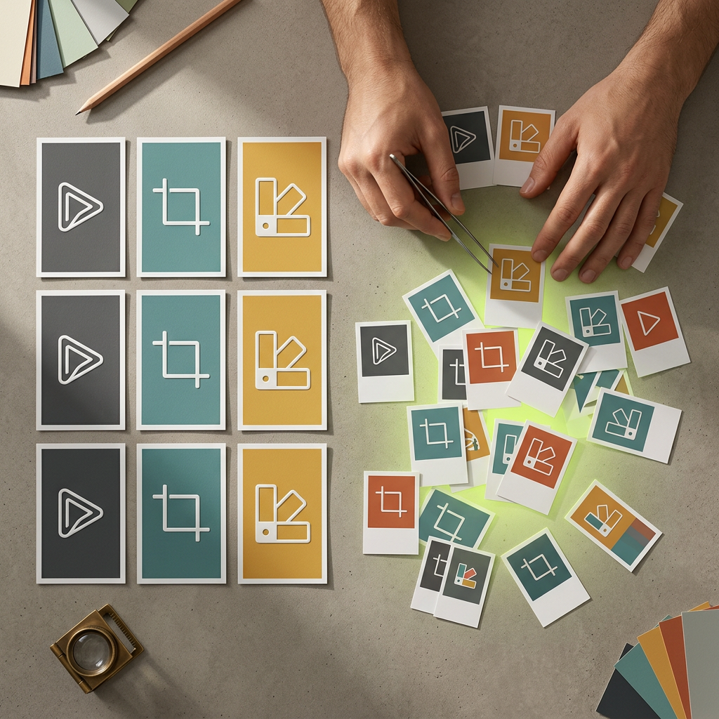 A desk-top flat lay showing printed storyboard cards labeled only with abstract icons (a play button shape, a crop frame, a color swatch) arranged in neat columns on one side, flowing into a loose cluster of smaller variant cards scattered in a gradient pattern on the other, with a photographer's loupe and a pair of hands mid-arrangement