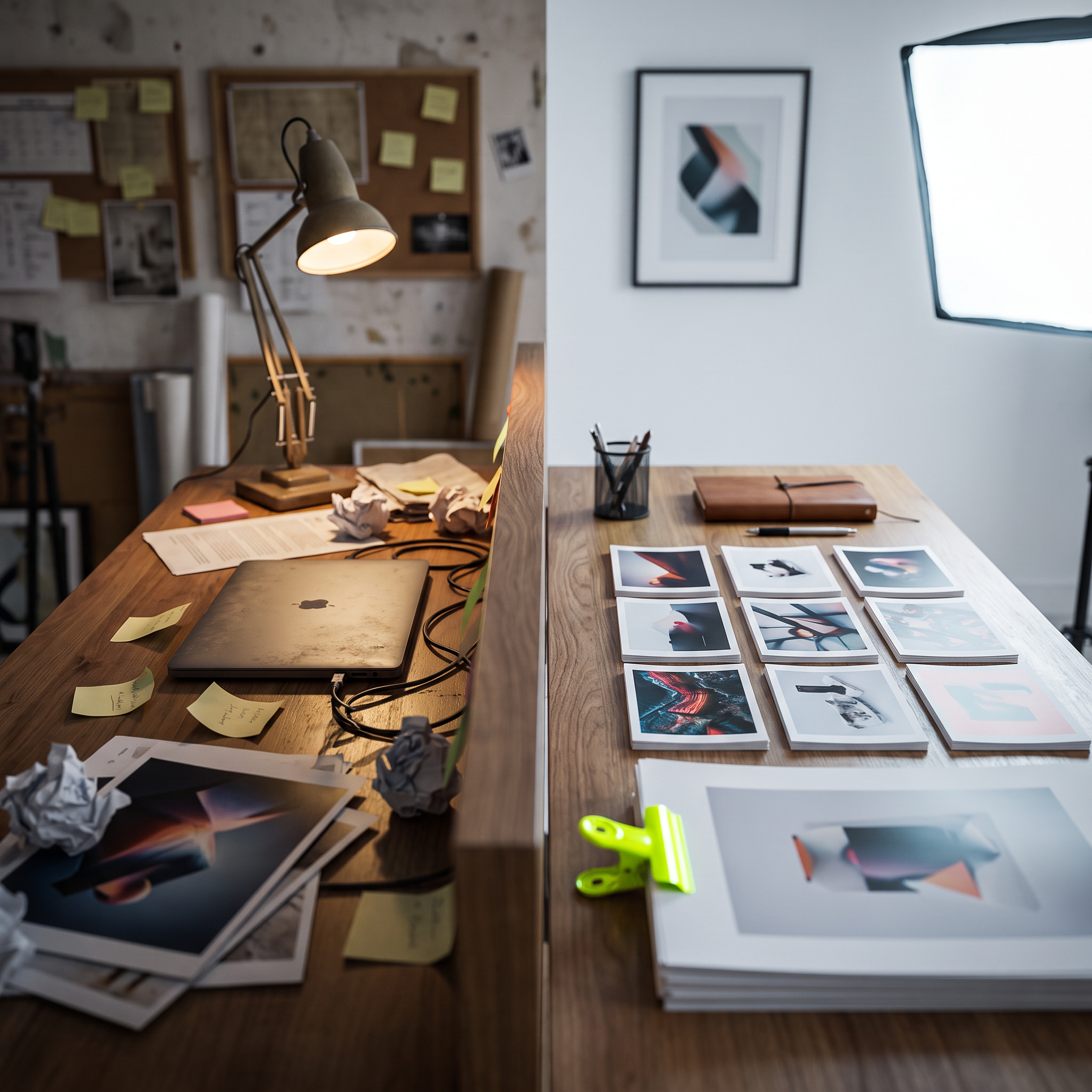 A creative director's desk split into two visual halves: left side shows a cluttered workspace with scattered printed ad proofs, crumpled sticky notes, and a dim desk lamp casting uneven shadows over a turned-off laptop; right side shows the same desk type but organized, with neatly arranged printed creative variants laid in a precise grid, a tidy notebook, and a well-lit softbox glow highlighting an electric-lime accent clip holding the papers together