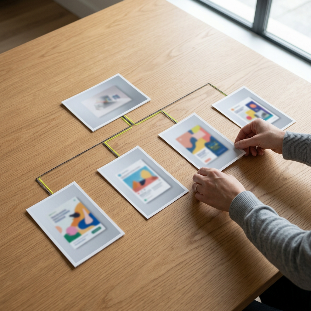 A pair of hands arranging printed creative asset cards on a large table into a branching flowchart layout, with one card labeled generically as the root issue and four other cards spaced beneath it in a diagnostic tree pattern, each card showing a blurred abstract ad mockup turned away from camera