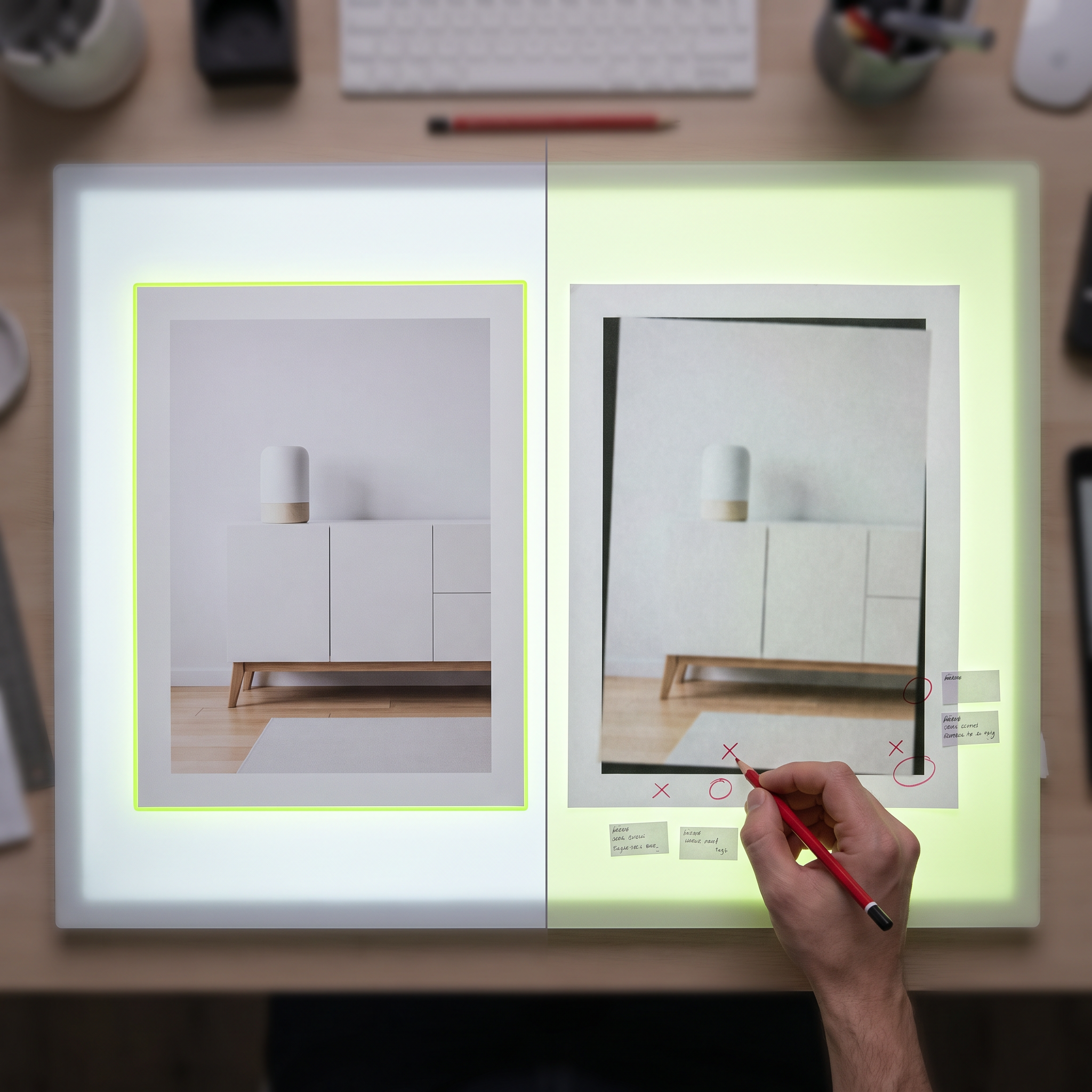 A split-screen physical print comparison laid on a lightbox table: on the left, a crisply composed product ad print with clean margins and balanced framing; on the right, the same ad printed but visibly warped, oddly cropped, and off-center, as if auto-generated badly. Between the two prints, a creative director's hand places small printed proof tags and a red grease pencil marking corrections directly on the warped print
