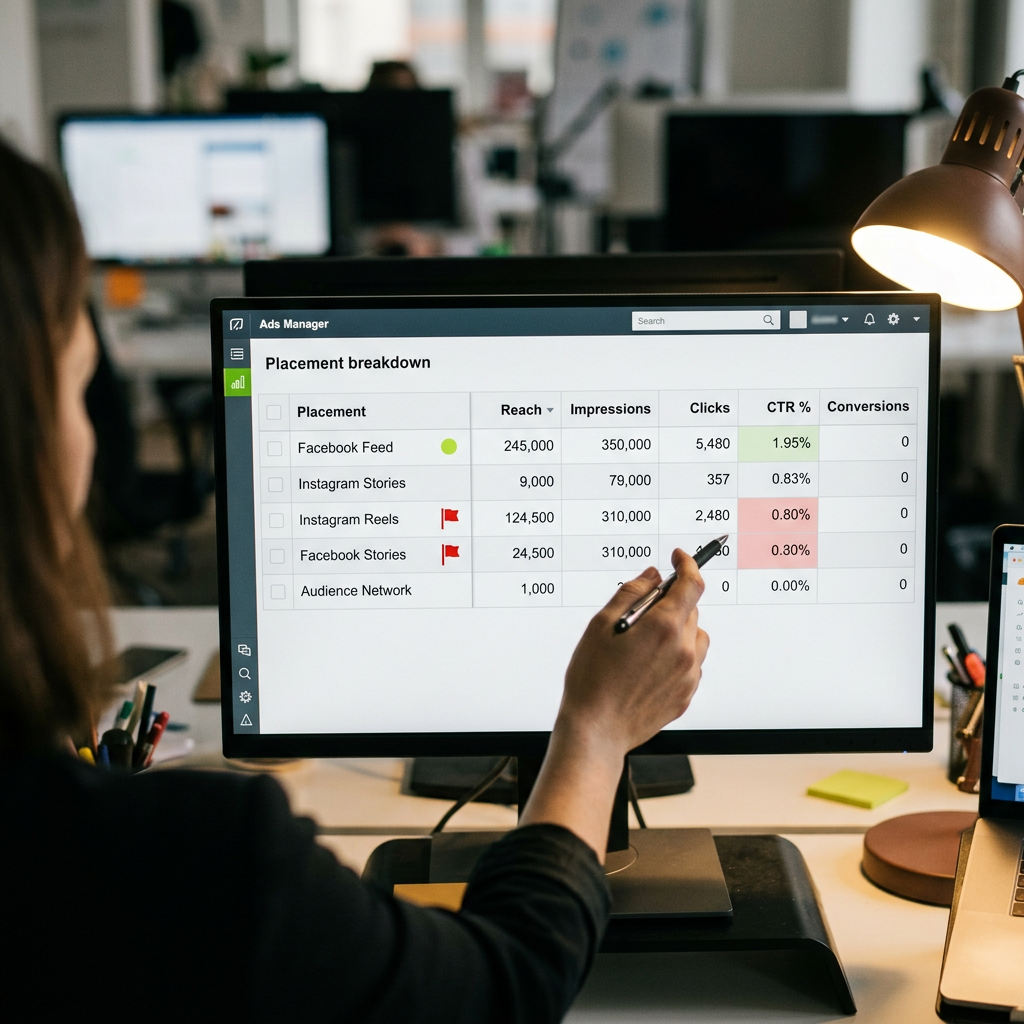 A creative strategist at a standing desk reviewing three printed placement mockups pinned side by side on a corkboard — one styled as a vertical Reels-shaped card, one as a Stories-shaped card, and one as a horizontal Feed-shaped card — with the Reels and Stories prints marked with small red flags while the Feed print has a small lime-green dot sticker of approval