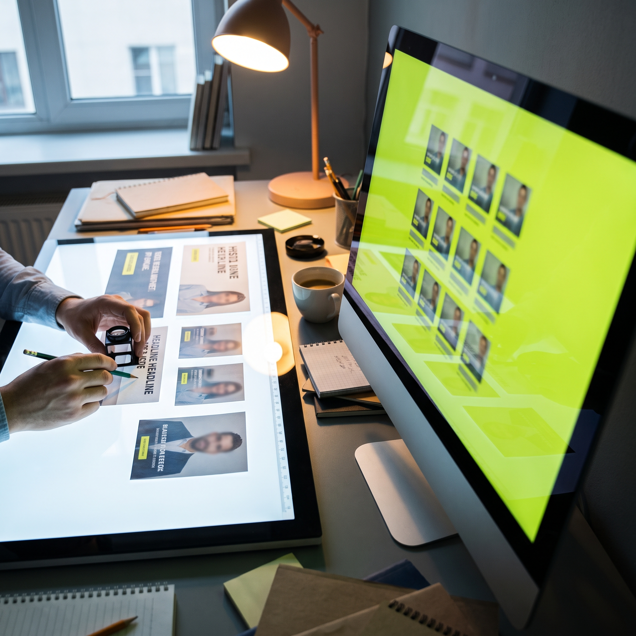 A creative director's studio desk split into two working zones: on the left, hands carefully arranging printed ad-creative tiles (product shots, lifestyle photos, headline cards face-blurred) on a backlit light table with a loupe and grease pencil nearby; on the right, an identical set of tiles arranged in a crisp grid on a large monitor turned mostly away from camera, its screen glow tinted electric-lime, with soft geometric light patterns suggesting algorithmic assembly rather than legible UI