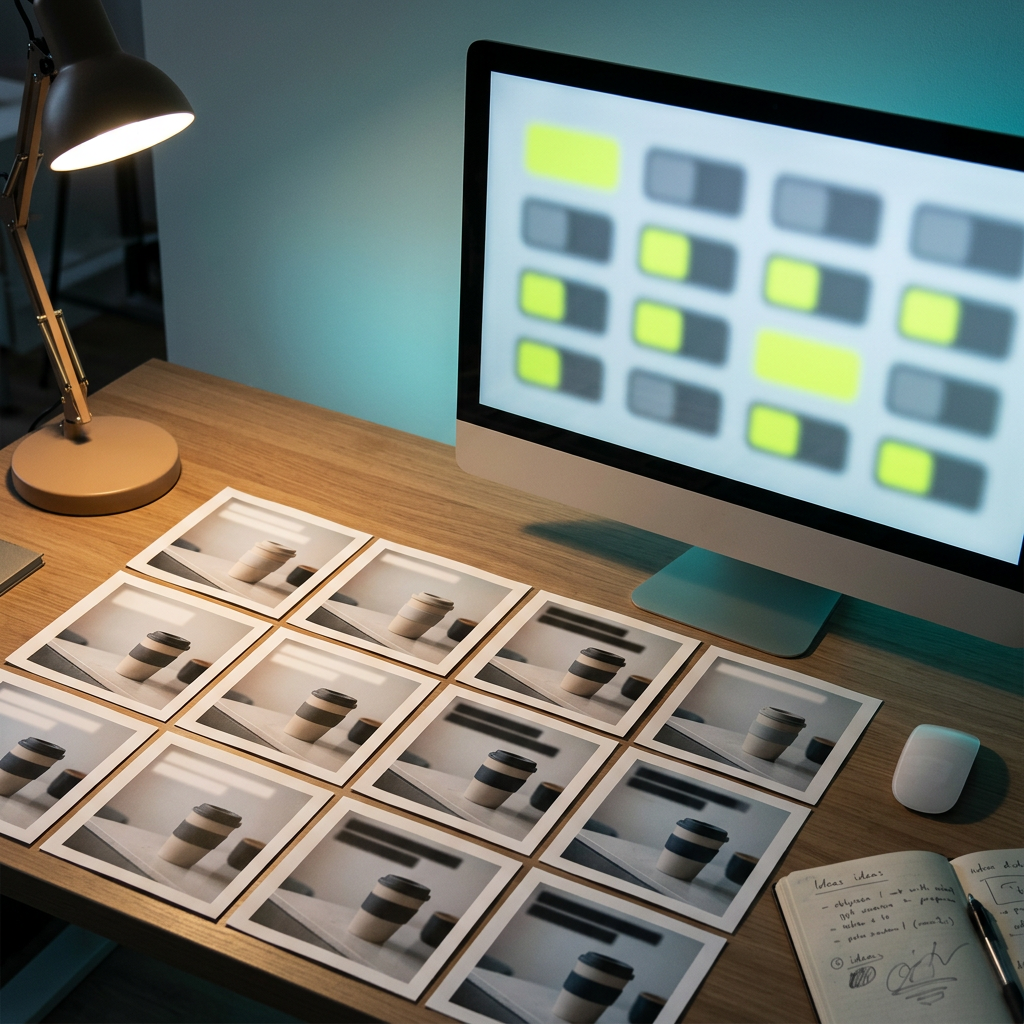 A designer's monitor and desk setup showing a physical printed grid of ad creative variants — square and vertical crops of the same product shot with different blurred headline treatments — laid out next to the screen, which is angled away from camera and glowing with a soft grid of rectangular light blocks representing toggles, some lit in electric-lime (on) and others dim gray (off)
