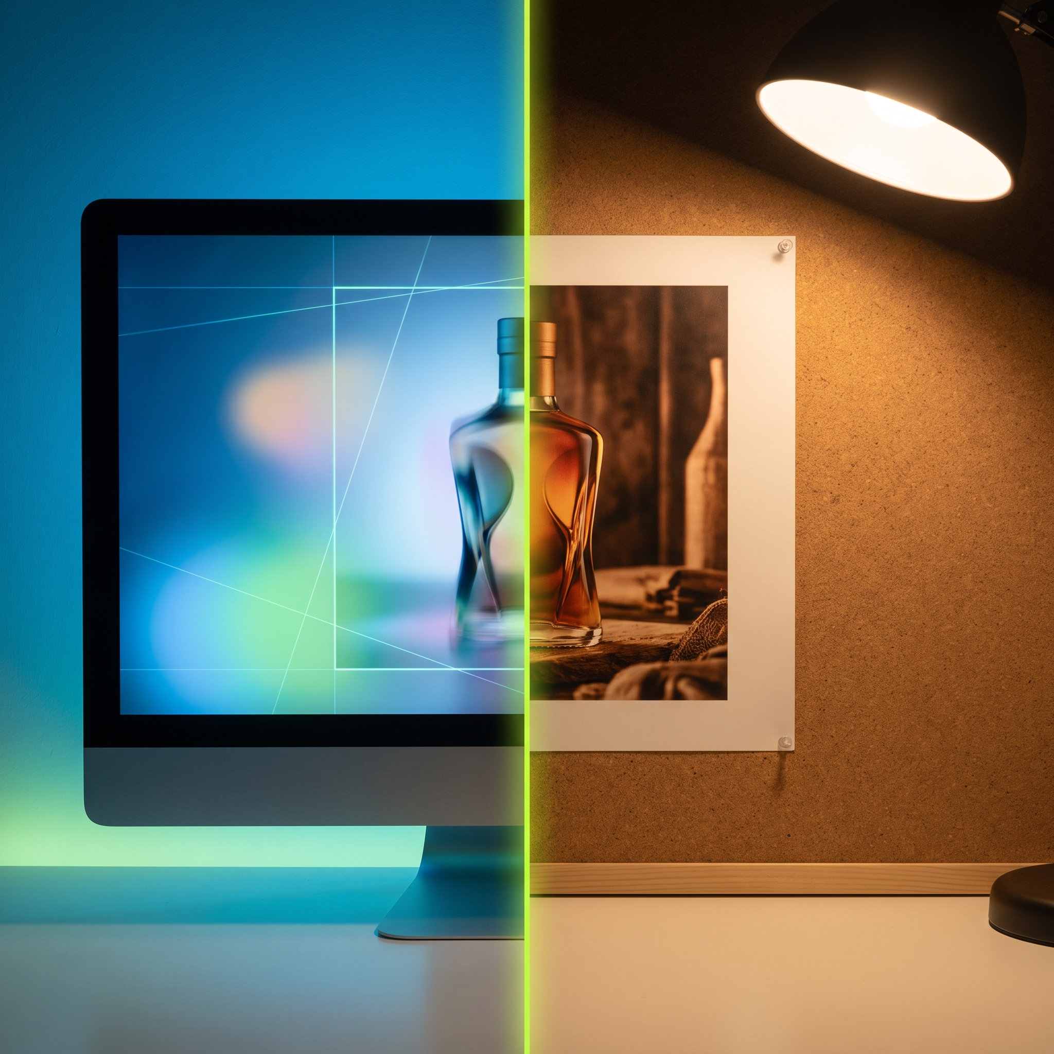 A split editorial scene: on the left, a monitor glows with soft shifting light as an unseen AI process reshapes a product photo mid-edit (crop guides and color values suggested only by light, not text); on the right, an art director's desk with a printed, framed ad mockup pinned exactly in place, untouched, under a single steady lamp