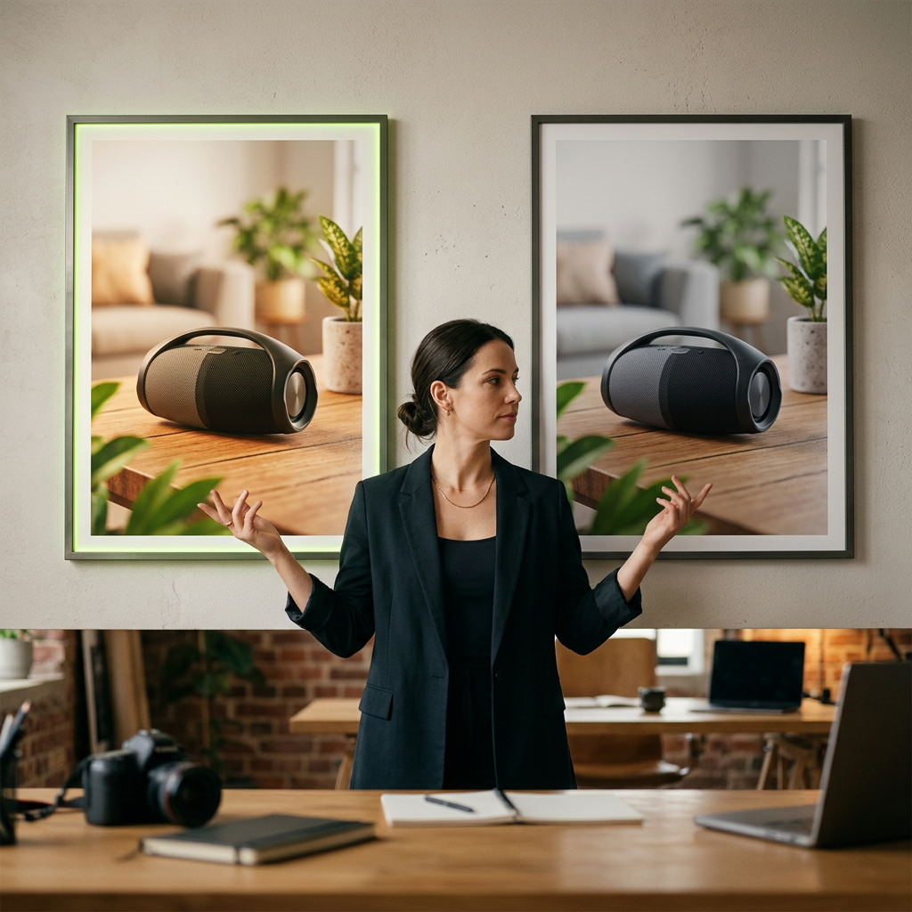Two identical product ad prints mounted side by side on a studio wall, one bathed in a brighter, warmer glow with a subtle lime highlight along its frame, the other lit flatly and evenly with cooler tone, a creative director standing between them comparing with a hand raised toward each print