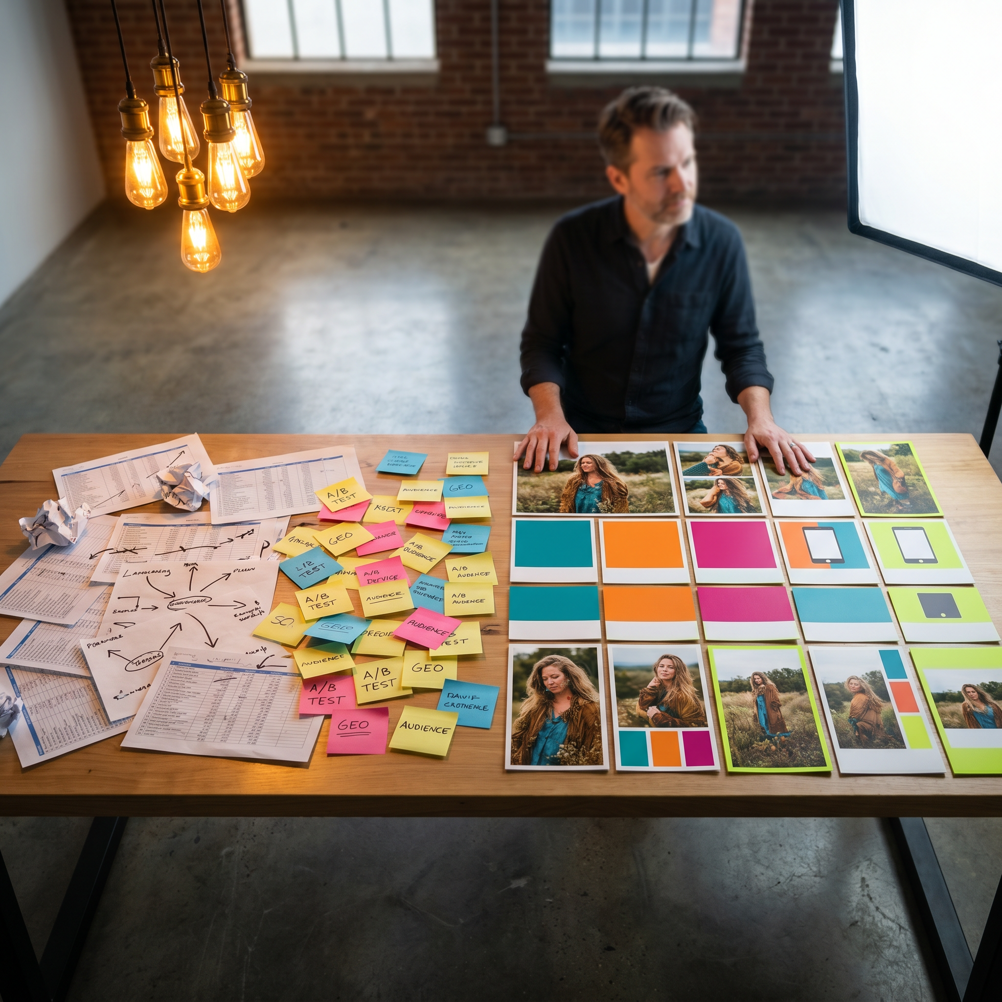 A creative director stands at a large studio worktable, one half of the table covered in printed spreadsheet pages and sticky notes with manual targeting scribbles, the other half cleared and organized with vibrant printed ad creative tiles arranged in a neat grid — lifestyle product shots, bold color swatches, and format cards in portrait and square orientations