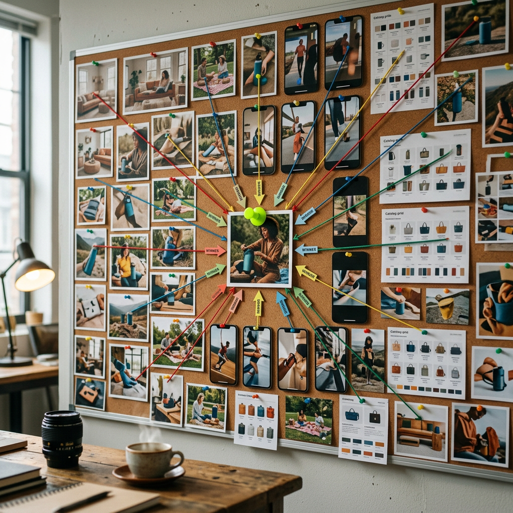 A large pinboard on a studio wall covered with printed creative asset cards — square lifestyle product photos, vertical video frame grabs, and small catalog grid printouts — connected by thin colored strings and small arrow-shaped paper clips flowing toward a single bold card at the center pinned with an electric-lime pushpin, suggesting algorithmic convergence toward a winning creative