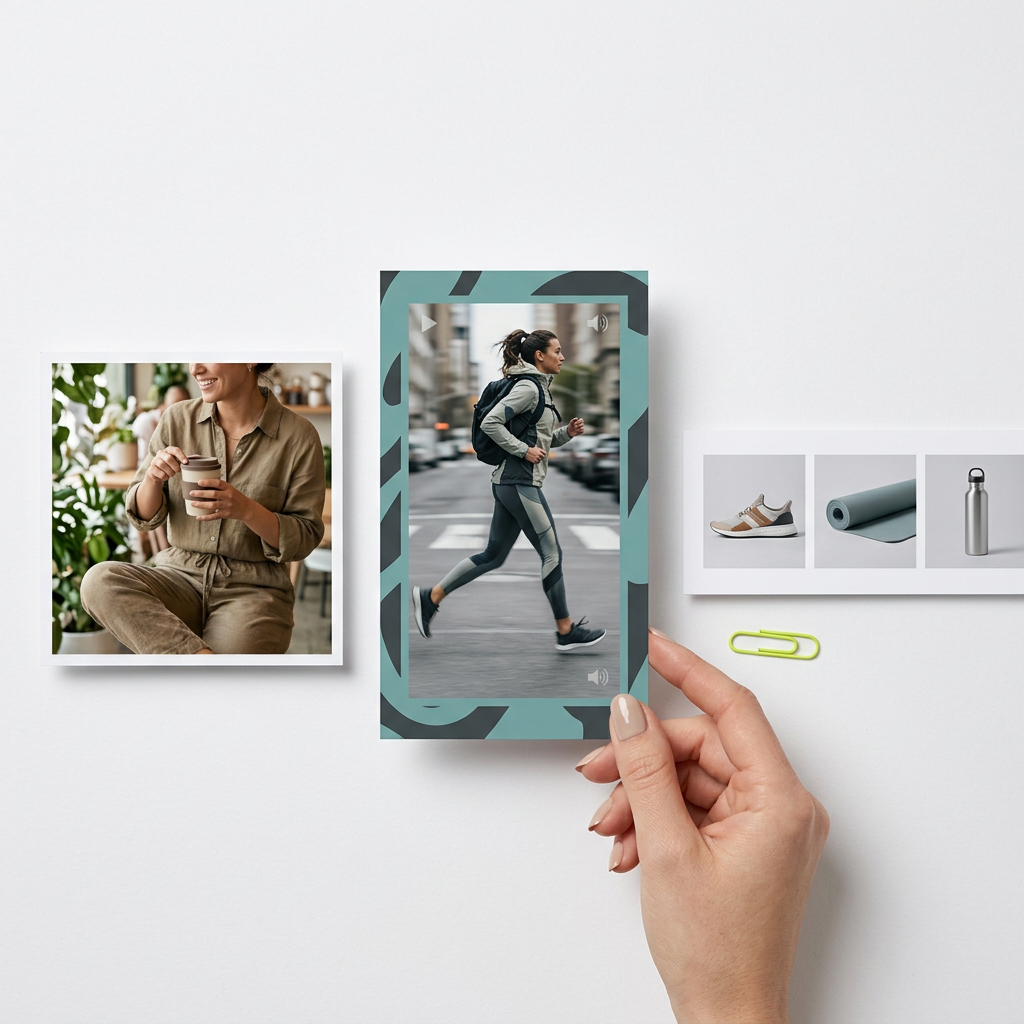 A flat-lay on a clean white studio surface showing three printed creative mockup cards side by side — a square lifestyle product photograph with a model, a tall portrait-format video still with a bold graphic frame around it, and a horizontal strip of three small product catalog images in a row — arranged as if pulled from the same campaign folder, a hand with neutral nail polish lightly touching the corner of the video card