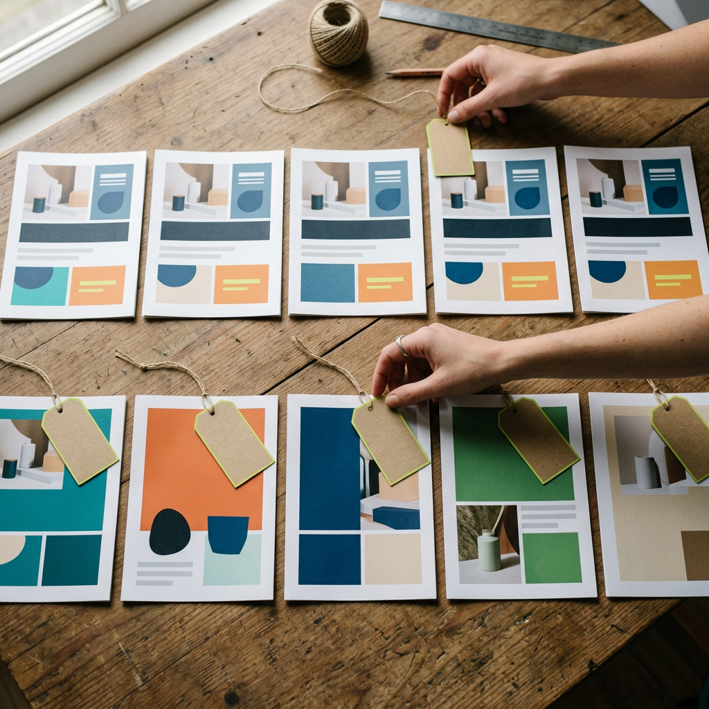 a printed side-by-side comparison laid out on a studio table: one row of five nearly identical ad print mockups face-up in a neat line, each with the same visual rhythm (product shot, bold headline block, CTA corner) suggested only by layout blocks with no legible text, next to a second row of five clearly varied print mockups—different color palettes, crop styles, and compositions—each labeled with a small blank kraft-paper tag as if marking a segment