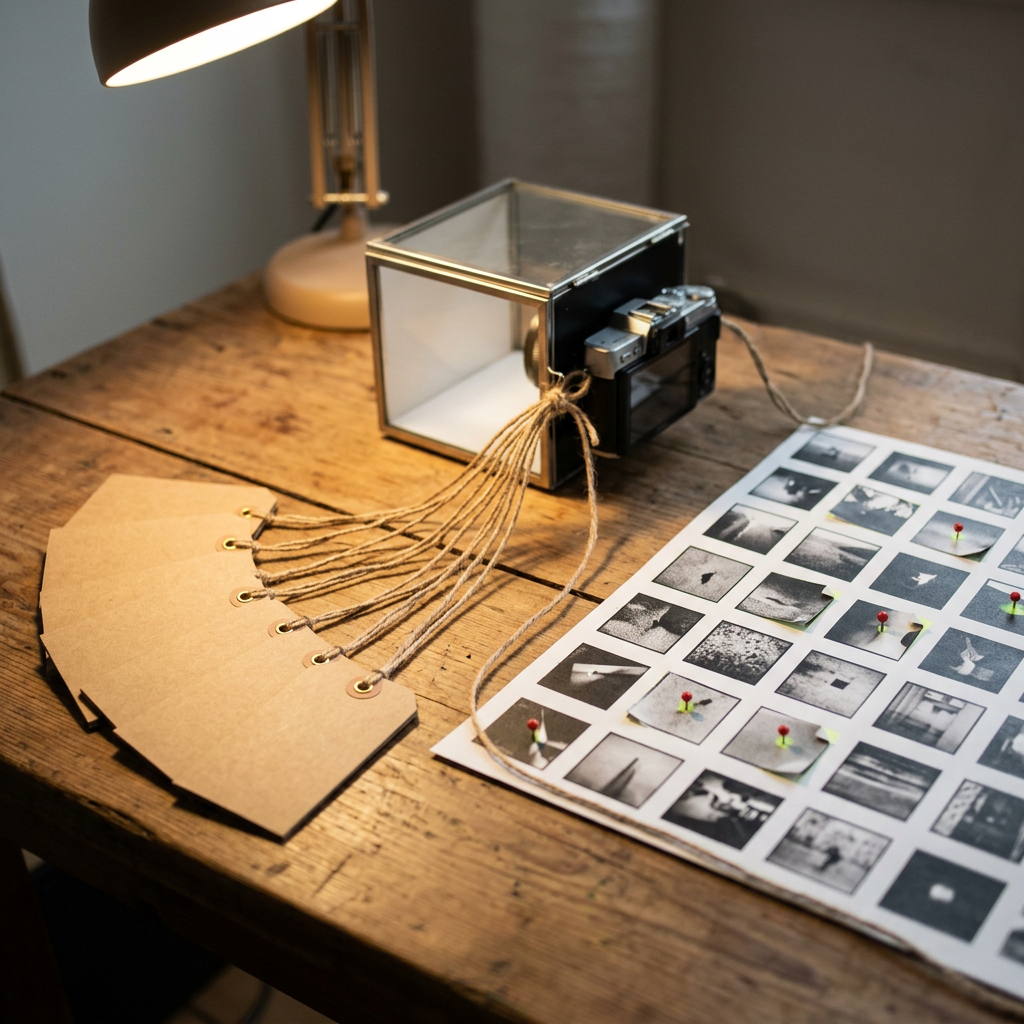 a physical workflow built from real objects on a large desk: a stack of labeled index cards (blank kraft tags) representing audience segments on the left, connected by soft string to a small camera or lightbox representing the generation stage in the middle, which connects further right to a printed grid of test tiles laid out like a contact sheet with a few tiles subtly dog-eared or marked with a small red pin to suggest fatigue points—no readable text or numbers anywhere