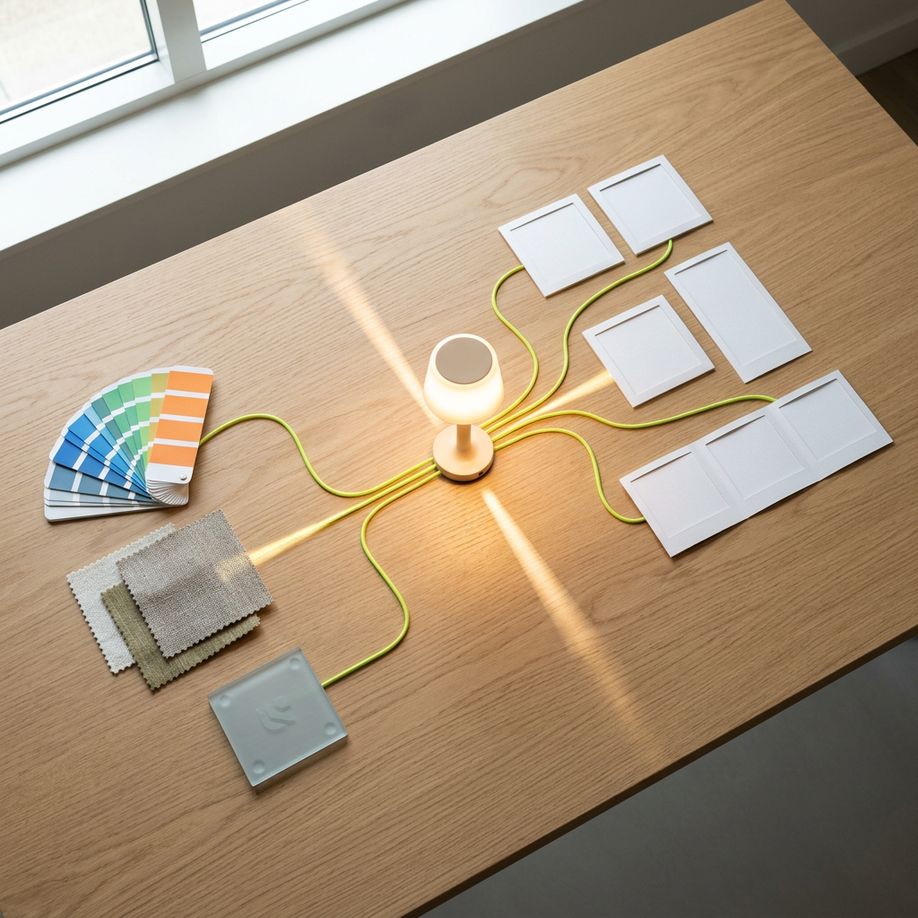 A designer's desk viewed from above showing a physical flowchart built from real objects: a stack of brand asset cards (color swatches, fabric samples, a small logo-blocked tile turned face-down) on the left flowing toward a glowing desk lamp or lightbox at the center representing the AI engine, with printed ad-format cards (square, vertical, carousel-shaped blank frames) fanning out on the right