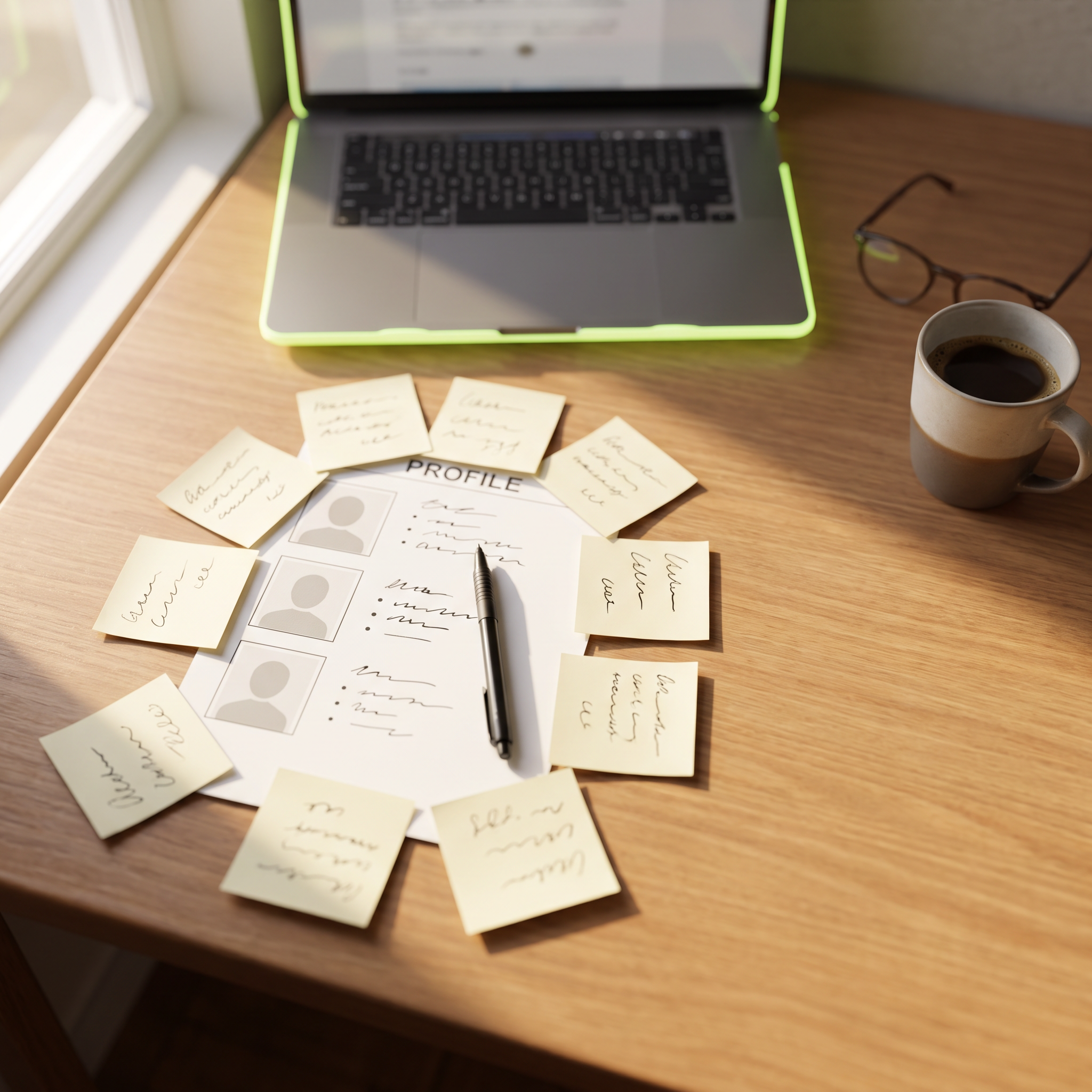 A performance marketer's desk shot from above, featuring a laptop (screen turned away/blurred) glowing softly, surrounded by a scatter of sticky notes with handwritten customer quotes, a printed customer profile sheet with photo placeholders and trait bullets, a pair of reading glasses, a half-finished coffee, and a pen resting on the profile sheet