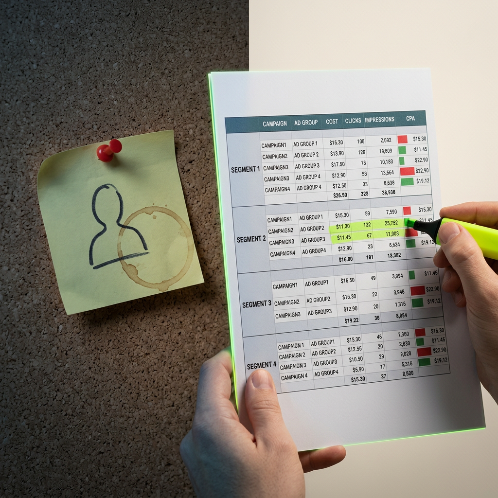 Split composition: left side shows a single crumpled-edge sticky note pinned to a corkboard with a vague handwritten silhouette doodle of a generic person and a coffee ring stain; right side shows a printed spreadsheet-style page with a clean grid of small colored bar segments (no legible numbers/axes) representing performance by segment, held by a hand with a highlighter pen mid-mark
