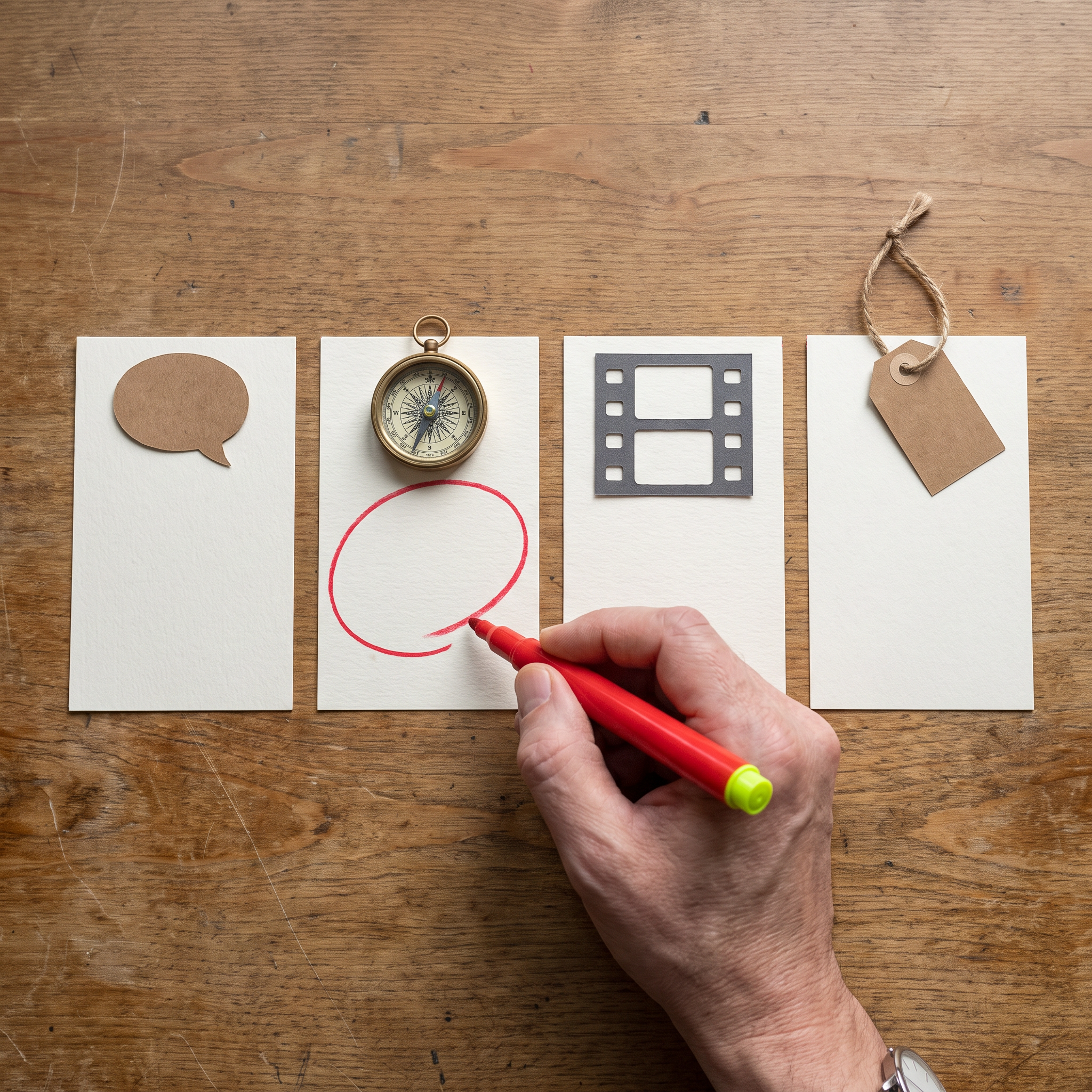 A clean overhead flat-lay of four blank index cards arranged in a row on a wooden desk, each card topped with a small handwritten-style icon-free prop representing a distinct ad variable — a speech-bubble cutout for hook, a compass for angle, a film-frame cutout for format, and a price-tag cutout for offer — with a hand entering frame holding a red marker mid-circle around only one card