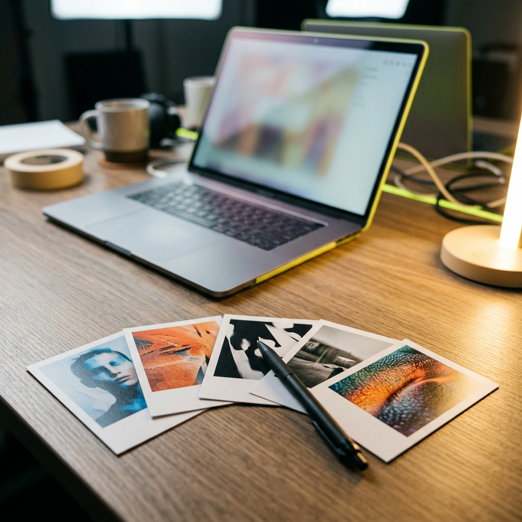 A creative team's desk setup showing a laptop turned at an angle with its screen softly blurred and unreadable, surrounded by five printed thumbnail-sized ad mockups fanned out like playing cards, each thumbnail showing a different model/photo treatment but visually similar layout, with a pen resting across them