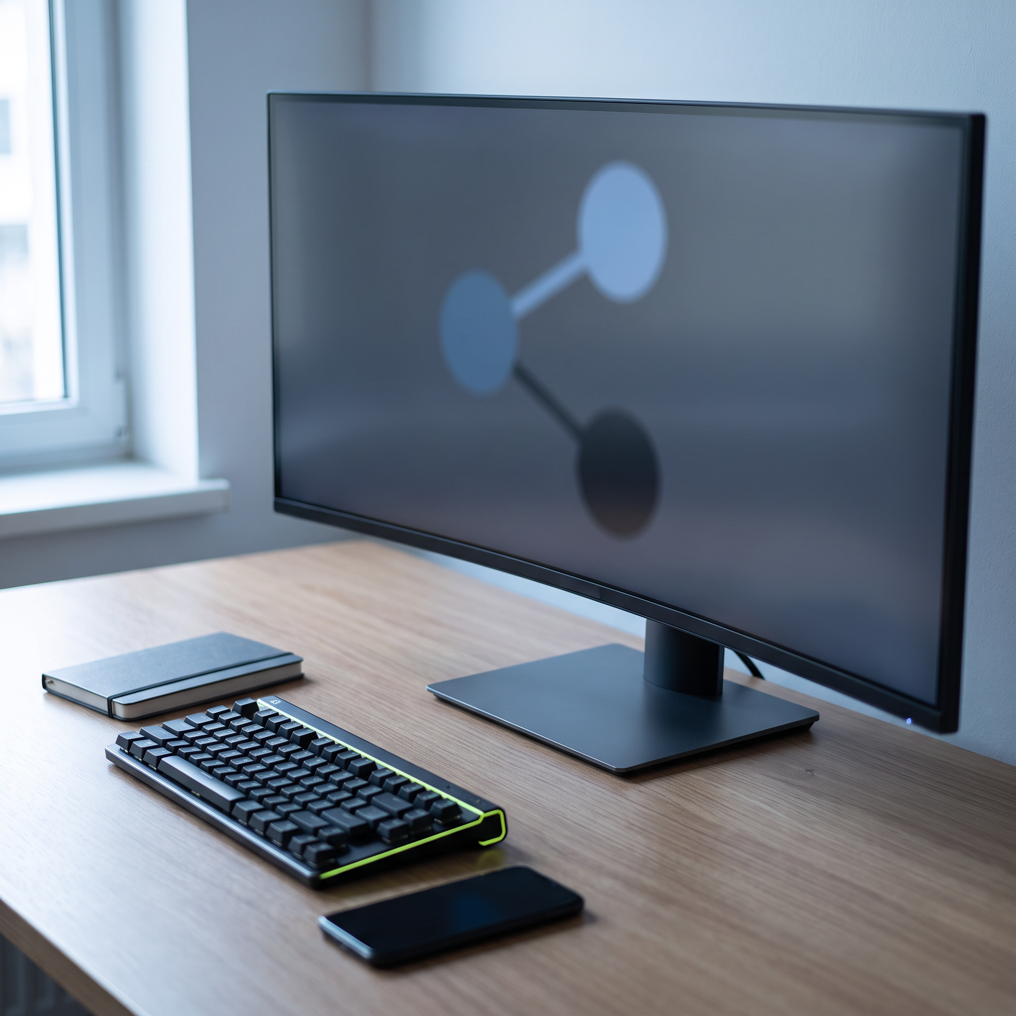 A modern desk setup with a widescreen monitor displaying a softly blurred, simplified account-structure diagram of a few connected nodes (no legible text), styled in muted blue and graphite tones, with a small notebook and a sleek phone (screen off) placed beside a mechanical keyboard