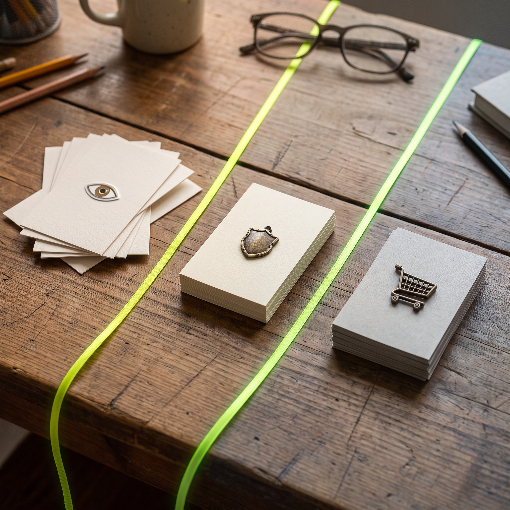 A copywriter's desk arranged with three distinct stacks of printed ad copy cards, each stack physically separated and styled differently — the first stack airy with a single bold word and a small eye-shaped sticker, the middle stack with a shield-shaped metal charm resting on it, the third stack weighted down by a tiny shopping cart charm, suggesting three funnel stages without any readable text in focus