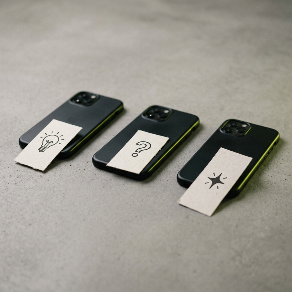 Three smartphones laid side by side on a studio surface, each face-down or screen-dimmed but propped at an angle to suggest an Instagram feed, with small printed paper tags beside each labeled with a hook style icon (a lightbulb, a question mark shape, a spark shape) instead of readable text