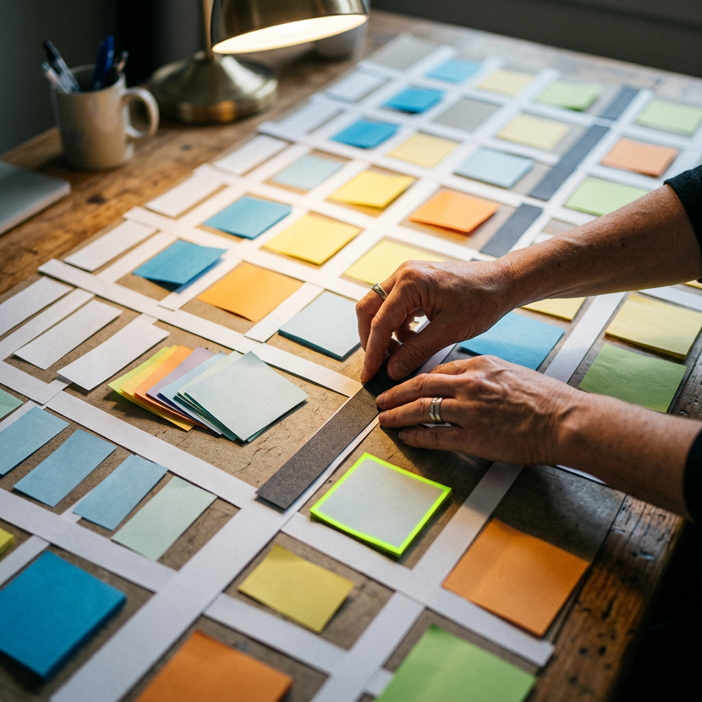 A large printed grid chart laid flat on a design table, intersecting rows and columns made of physical paper strips and sticky notes in different shapes (a vertical rectangle for 9:16 video, a stacked card fan for carousel, a single square card for static), hands arranging the pieces into the grid