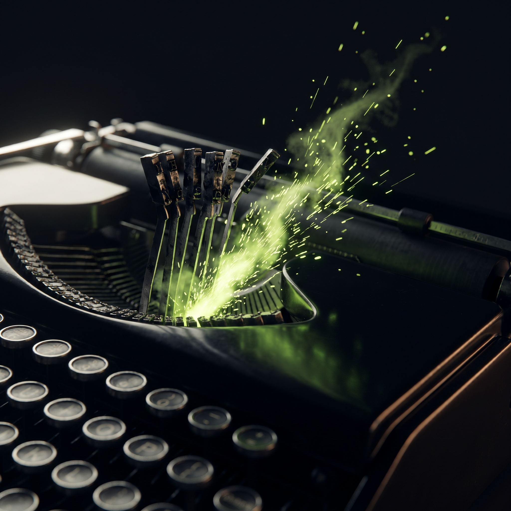 A single vintage mechanical typewriter on a stark obsidian surface, its keys mid-strike, with electric-lime ink blooming outward from the impact point like a controlled explosion of light — each ink droplet suspended in the air forming an arc of luminous particles that curve upward and dissolve into darkness