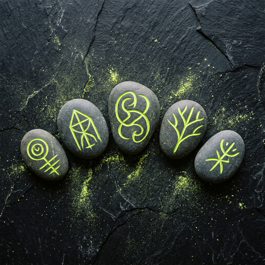 Five smooth river stones of varying sizes arranged in a deliberate arc on a weathered black slate surface, each stone hand-etched with a single abstract glyph — not letters, but unique carved symbols suggesting sequence and structure, with electric-lime pigment powder dusted into the etchings so the marks glow against the dark stone