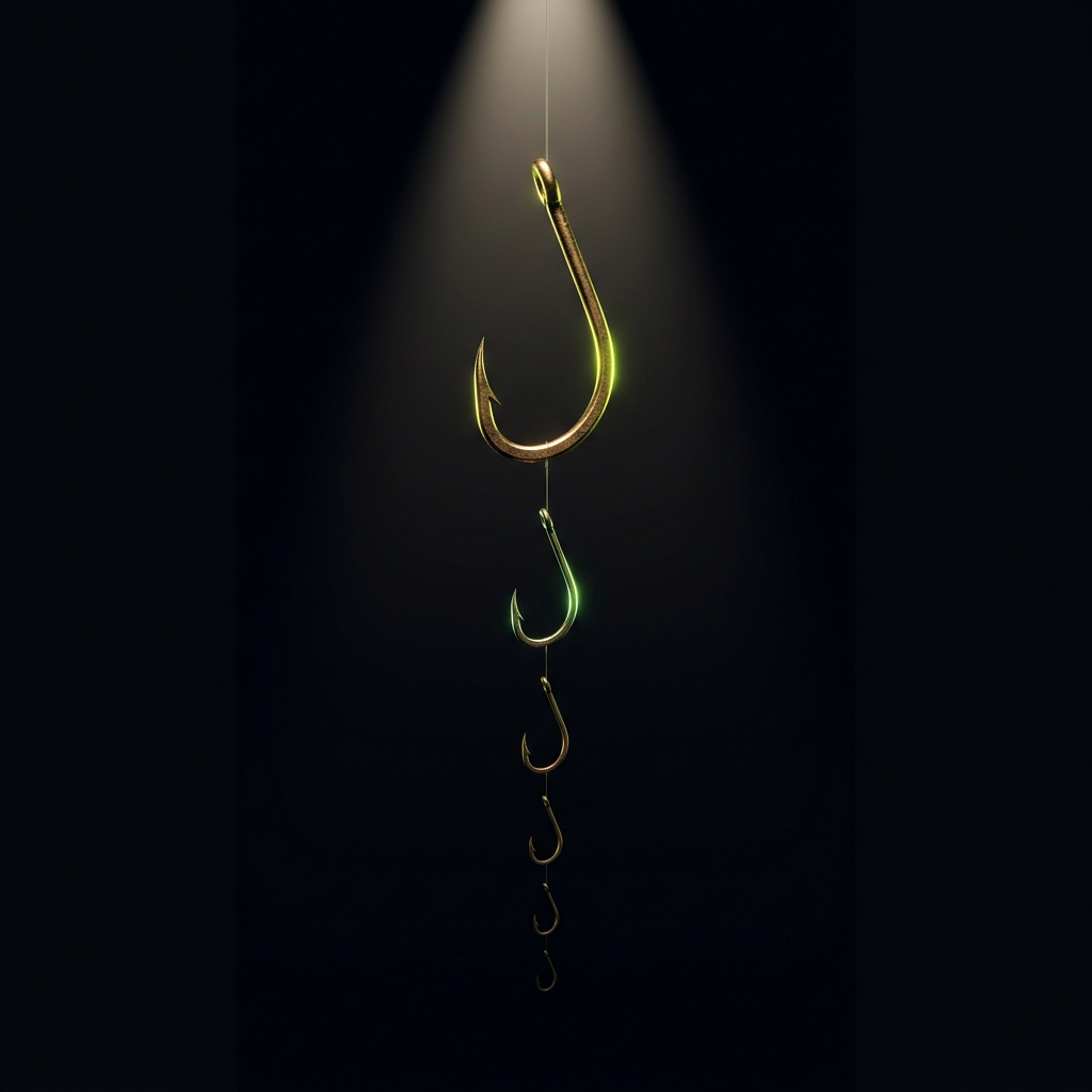 A single fishing hook made of burnished brass suspended on near-invisible filament against a deep black void, with a cascade of smaller hooks of diminishing size trailing downward below it in a precise vertical chain, each connected by the thinnest thread, the topmost hook catching a dramatic slash of electric-lime light