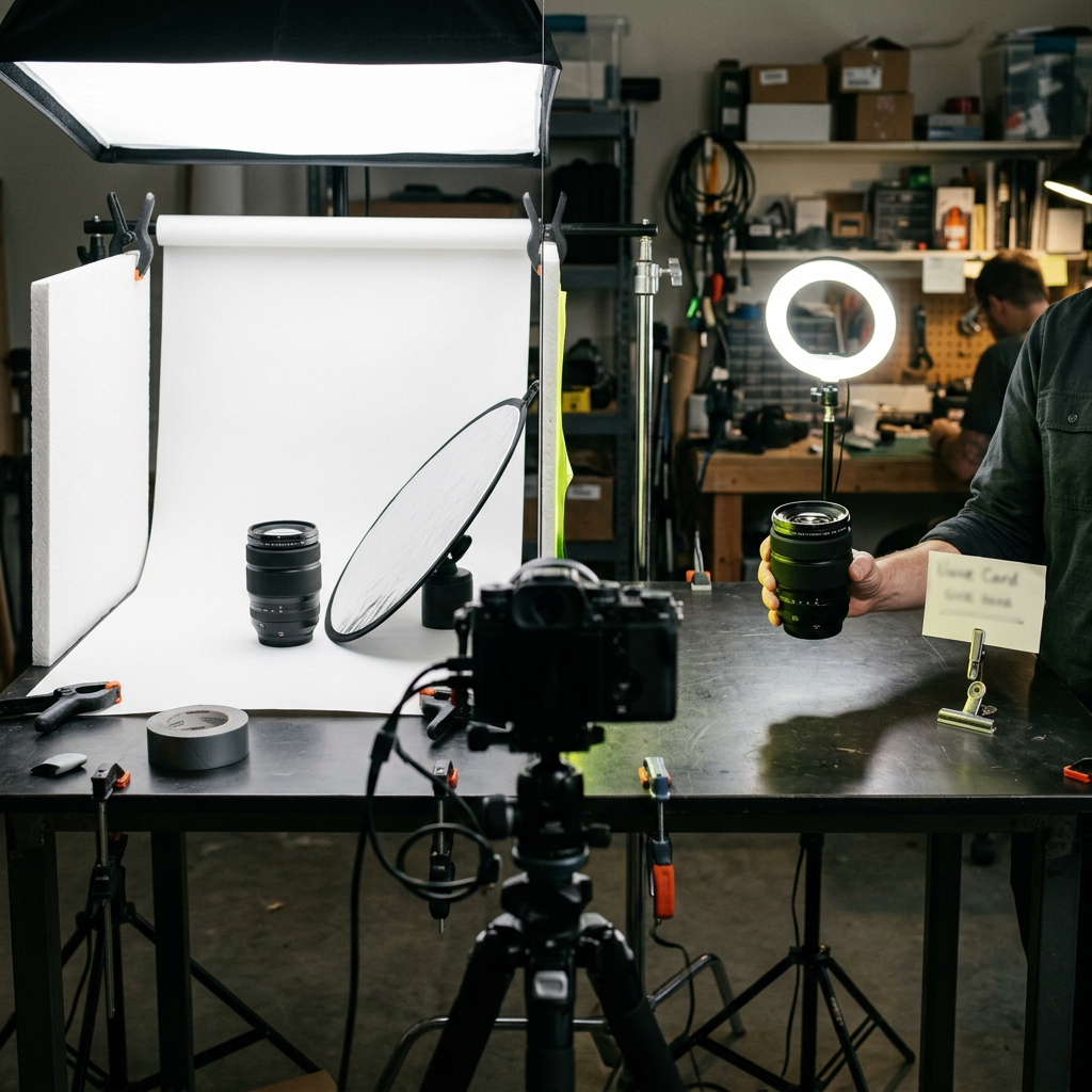 A split-frame photography setup on a single studio table: left side shows a product on a seamless white backdrop under a softbox with a reflector catching clean highlights; right side shows the same type of product held in-hand against a cluttered, lived-in background with a ring light and a handwritten cue card propped nearby suggesting bold overlay text (card left blank/blurred)