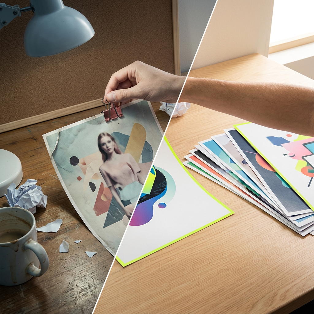A creative director's desk split into two visual zones: on the left, a printed photo of an ad creative curling at the edges under a cool, dim lamp, pinned with a red-tinted clip; on the right, a fresh stack of crisp new ad creative printouts fanned out under bright natural light, one edge catching an electric-lime rim highlight, with a hand mid-motion swapping the old print for a new one