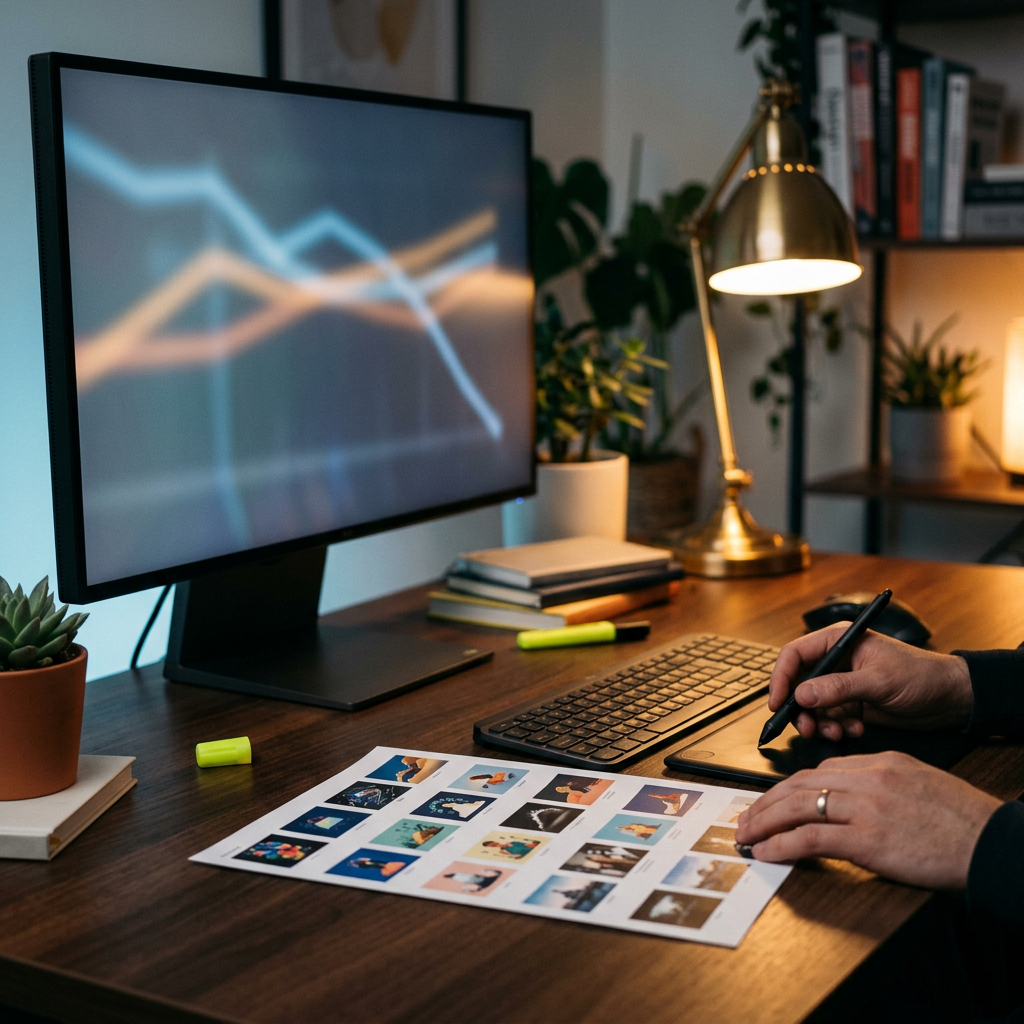 A designer's monitor turned mostly away from camera, glowing with soft blurred trendlines in muted blue and orange tones, one line visibly bending downward away from the others, reflected faintly on the desk surface; a hand rests near a stylus and a printed thumbnail contact sheet of ad variations sits beside the keyboard