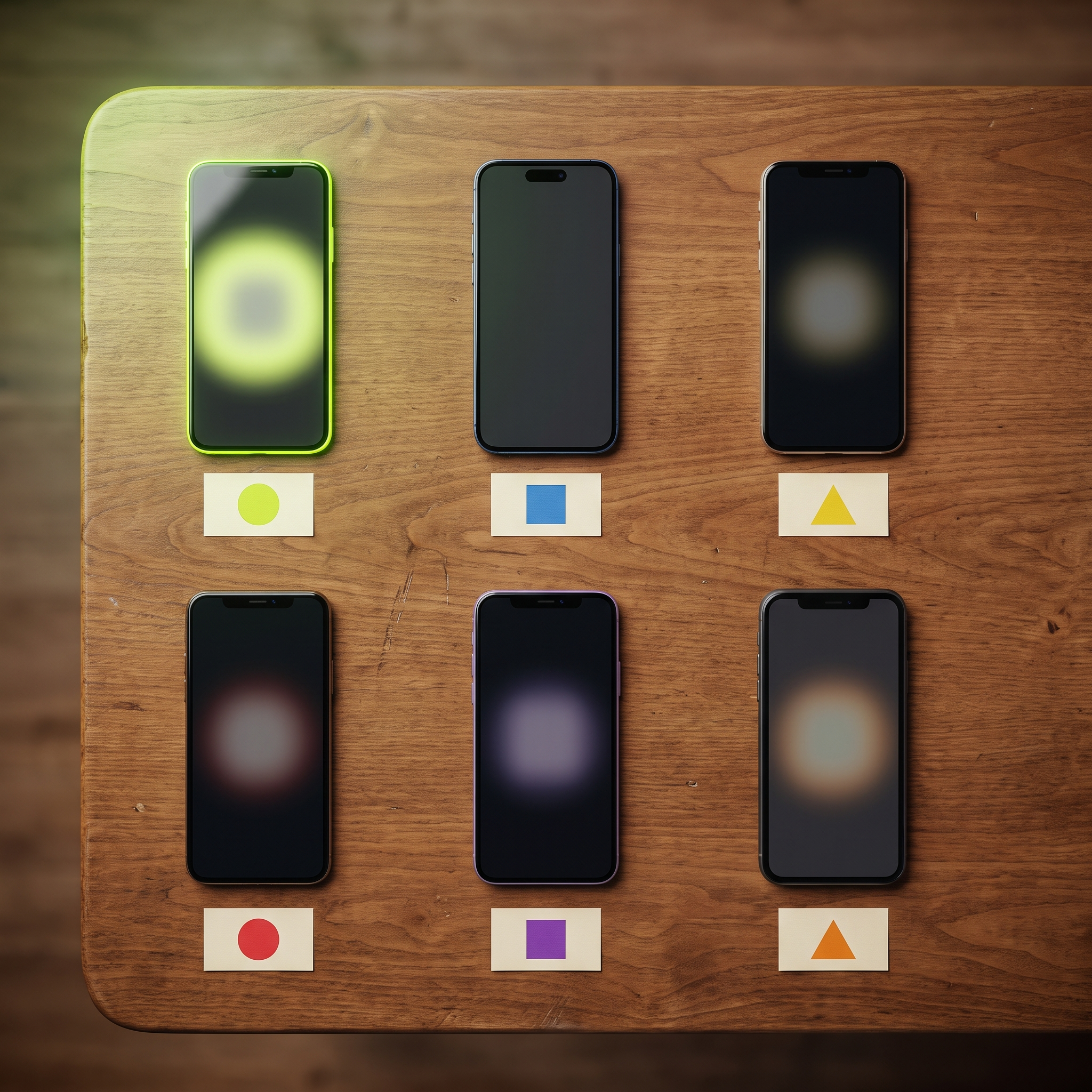 An overhead flat-lay of six smartphones arranged in a neat grid on a wooden studio table, each phone powered off or showing a soft blurred glow instead of legible UI, representing six different ad formats (static image, video, carousel, UGC selfie style, Reel, AI-generated)