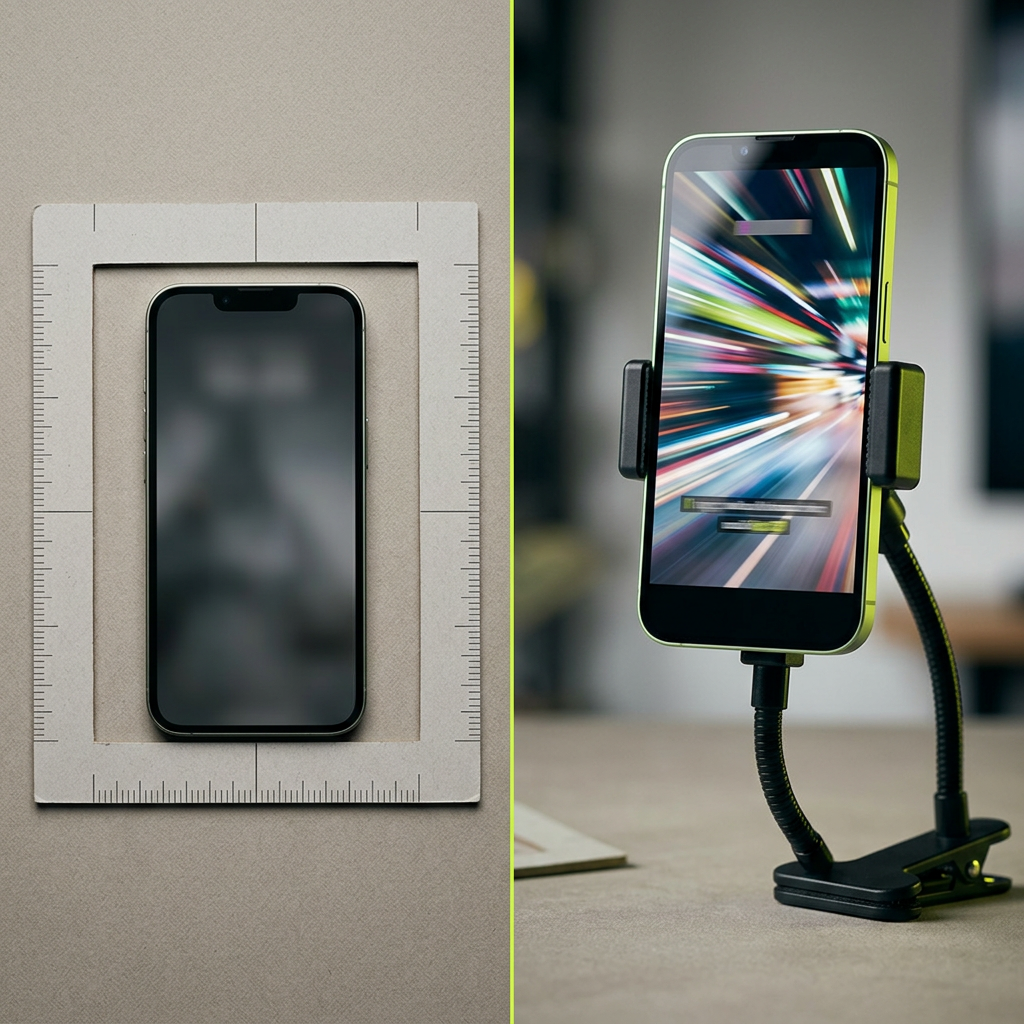 A split-scene comparison shot: on the left a smartphone lies horizontally showing a dim, cropped square video (screen blurred/off) inside a printed square framing guide; on the right a second smartphone stands upright in a phone tripod clamp showing a vertical video with fast-cut motion blur streaks and small blurred caption bars synced to the frame