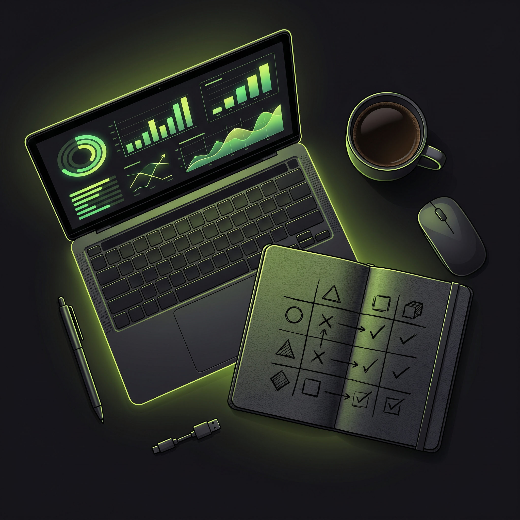 Overhead flat-lay of a marketer's desk with a laptop showing Meta Ads Manager creative test results, a notebook with a testing matrix drawn in pen, and a coffee cup — editorial, high-contrast lighting, professional performance-marketing aesthetic