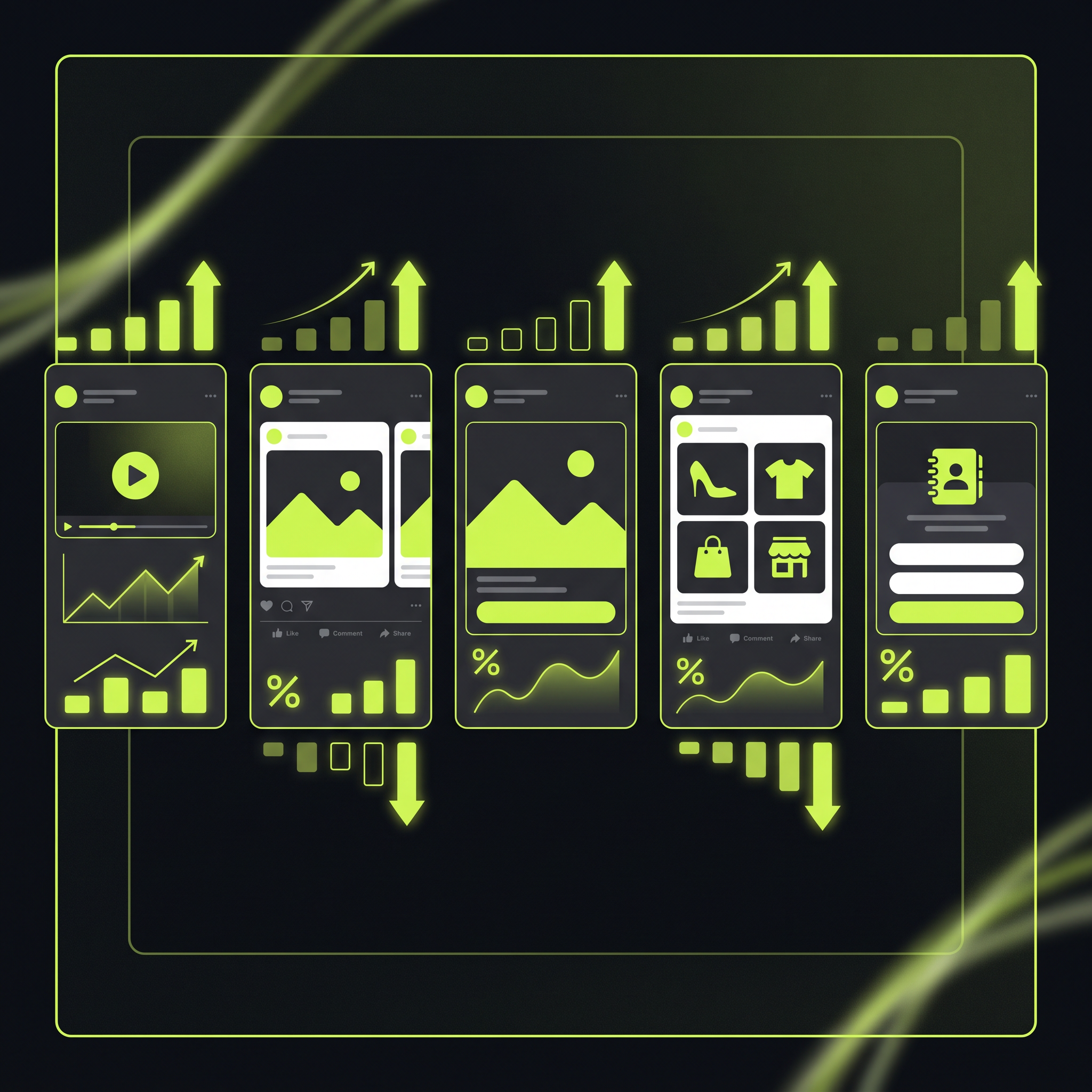 Split-screen comparison of five Facebook ad creative variants in Meta Ads Manager, showing different hooks and formats side by side with early performance metrics visible