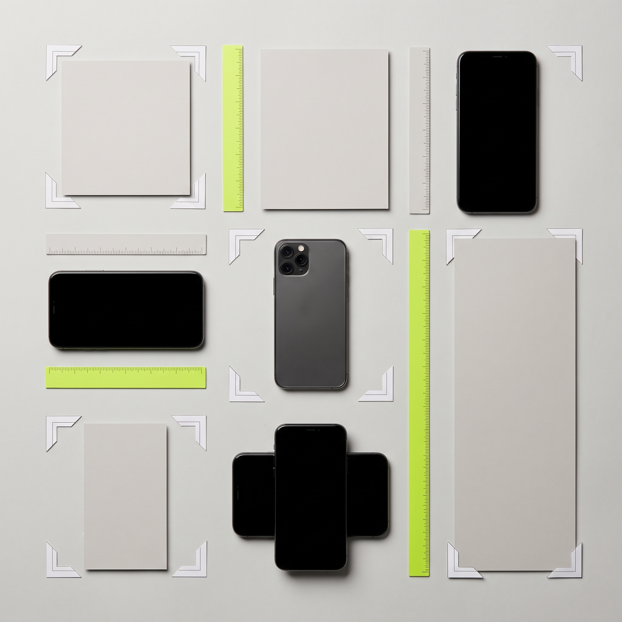 A precise flat-lay grid of several smartphones arranged on a clean studio surface, each screen turned face-down or replaced with a blank matte card cut to the exact aspect ratio of a different ad placement (square, vertical, tall story format), with slim physical ruler strips and printed corner-crop guides laid beside each device
