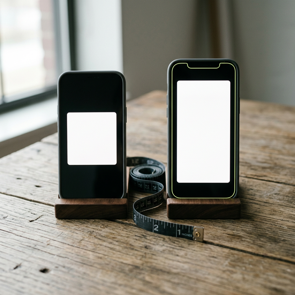 Two smartphones lying side by side on a wooden studio desk, one displaying a blank square-cropped card and the other a blank taller vertical-cropped card standing in for feed ad creative, with a photographer's tape measure loosely draped between them to suggest comparative height