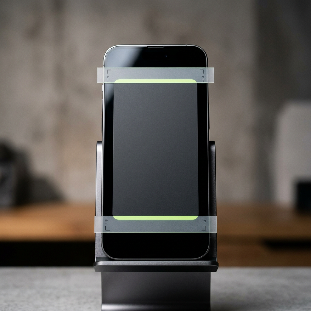 A single smartphone in a tall vertical stand displaying a blank dark card cut to a tall story-frame ratio, with two thin physical strips of frosted tape or acrylic laid horizontally across the top and bottom edges of the card to represent safe-zone boundaries, plus a small printed corner-tab marker at each strip