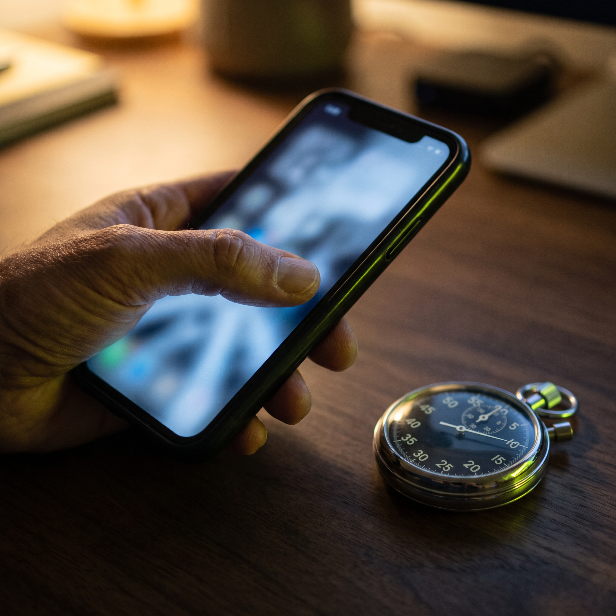 A close-up of a hand holding a smartphone mid-scroll, thumb frozen mid-swipe on the screen's edge, with the phone turned slightly away from camera so the screen glow is visible but unreadable; beside the phone on the desk sits a small analog stopwatch with its hands captured mid-tick, catching an electric-lime rim light