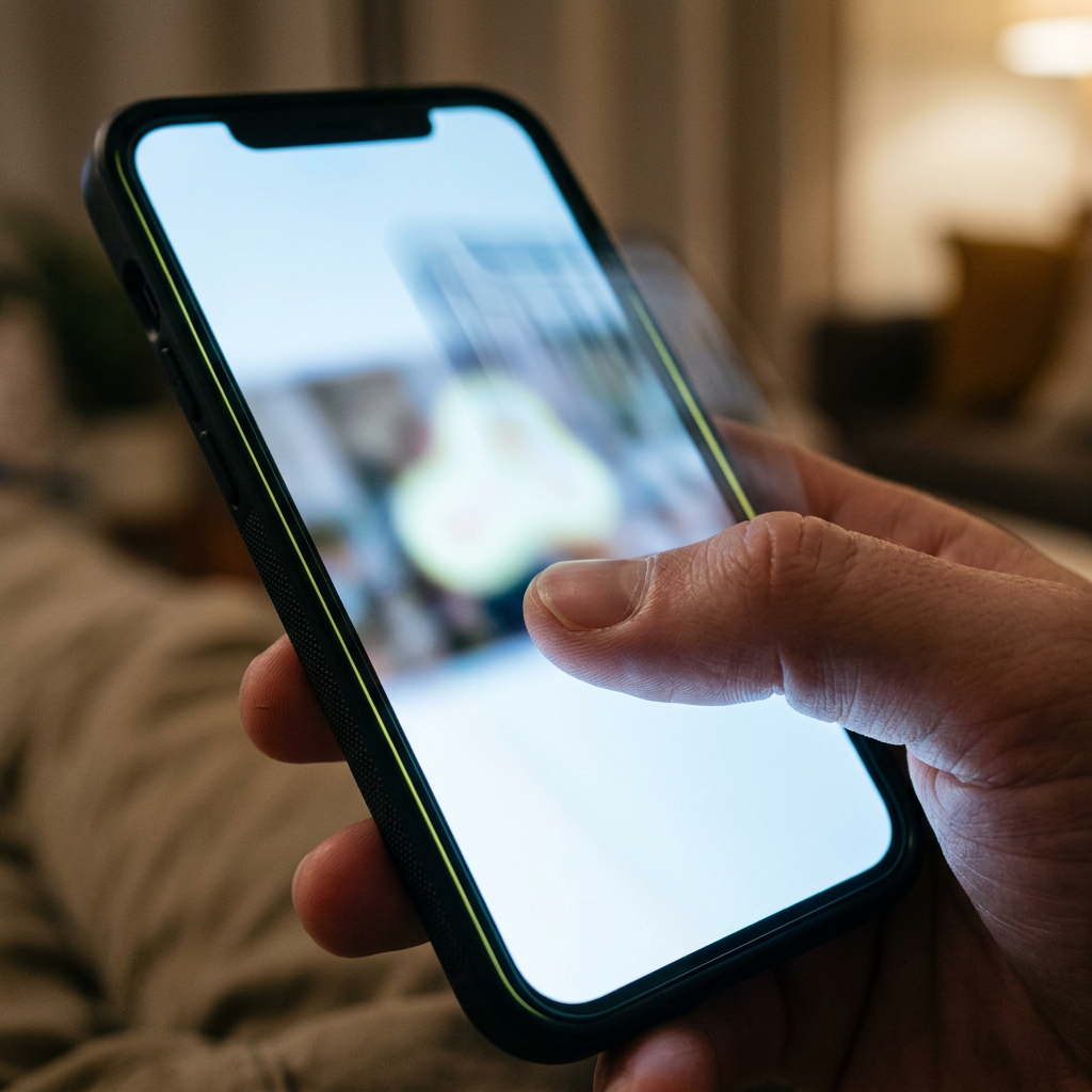 Extreme close-up of a smartphone screen turned three-quarters away from camera, a thumb paused mid-swipe on a video ad frame, the blurred motion of the scroll still visible as a soft trail above the thumb, bold hook text on screen rendered as an out-of-focus glowing shape rather than legible words