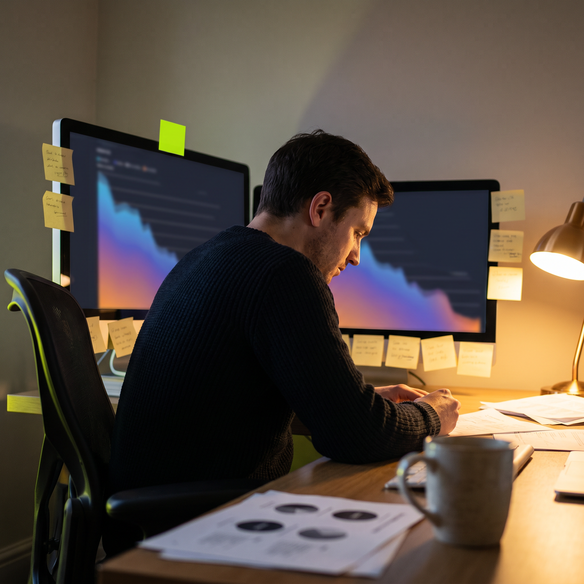 A focused performance marketer sitting at a dual-monitor desk, face partially visible in profile, surrounded by handwritten sticky notes in warm yellow and one electric-lime note affixed to the monitor bezel — notes suggest diagnostic labels without readable text. The screens face slightly away, showing blurred colorful gradient shapes hinting at a downward trend curve.