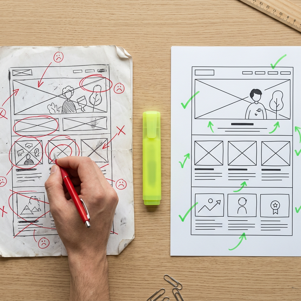Two printed ad creative mockups laid flat on a light oak desk side by side — the left one is visibly worn, dog-eared, and has red pen circles and frown annotations scrawled on it suggesting poor performance; the right one is crisp, fresh from the printer, with green checkmarks and upward arrow doodles. A hand with a red pen hovers over the left sheet mid-annotation.